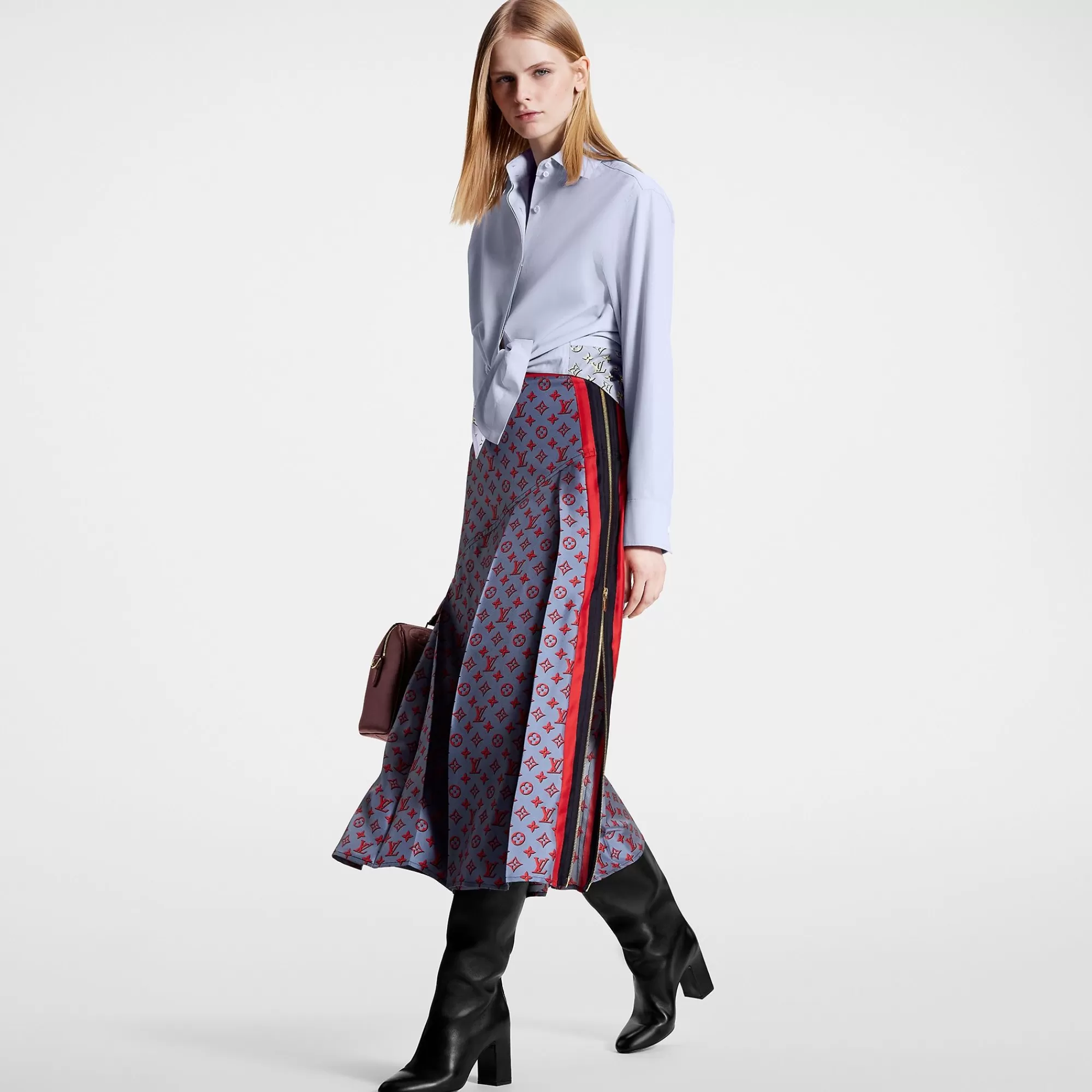 Shop Louis Vuitton 3D Monogram Asymmetrical Pleat Midi Skirt Blue Grey