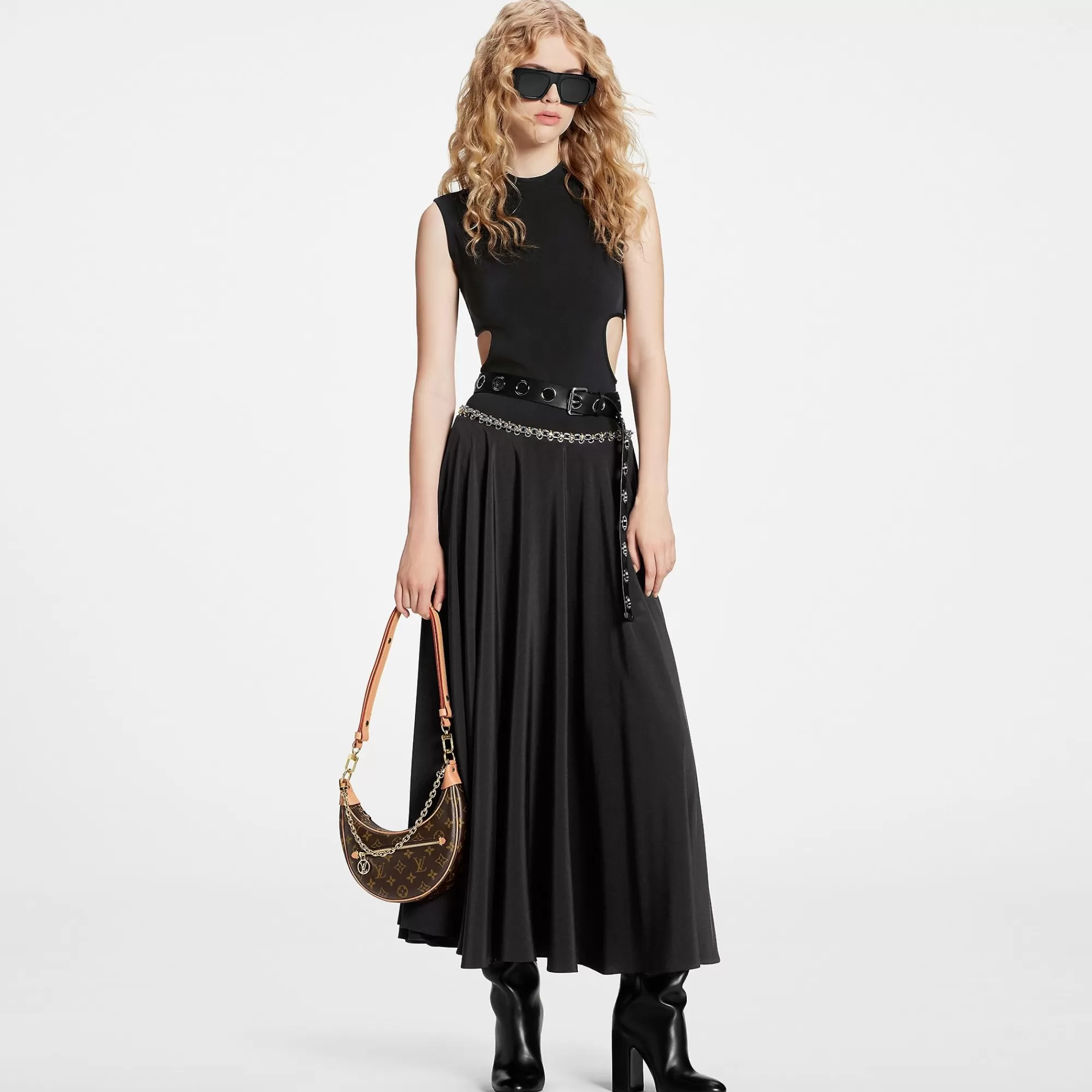 New Louis Vuitton Chain Belt Silk Midi Skirt