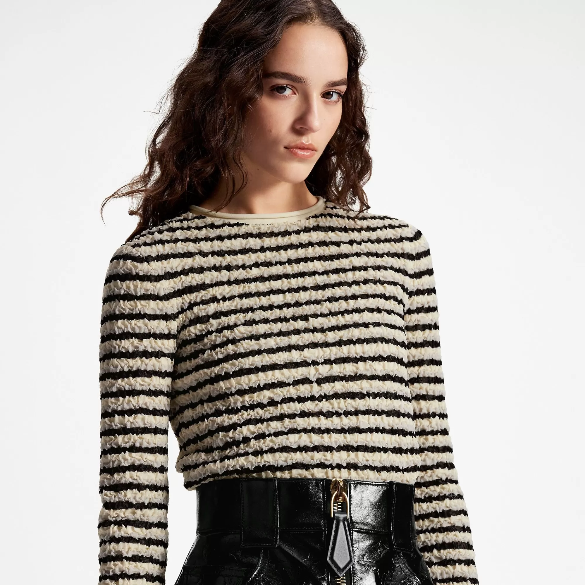 Shop Louis Vuitton Crinkle Knit Striped Long-Sleeve Top