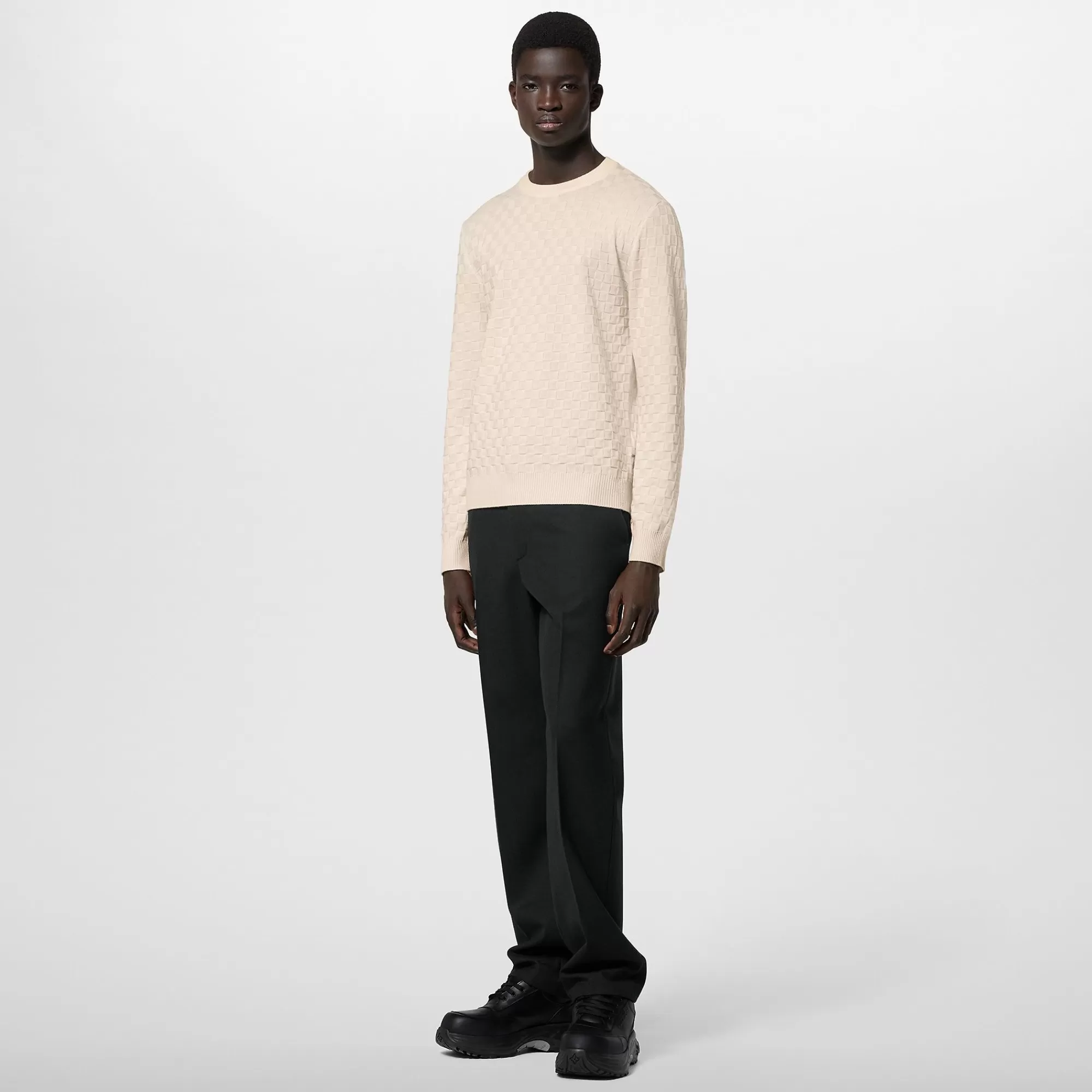 Fashion Louis Vuitton Damier Wool Long-Sleeved Crewneck Ivory