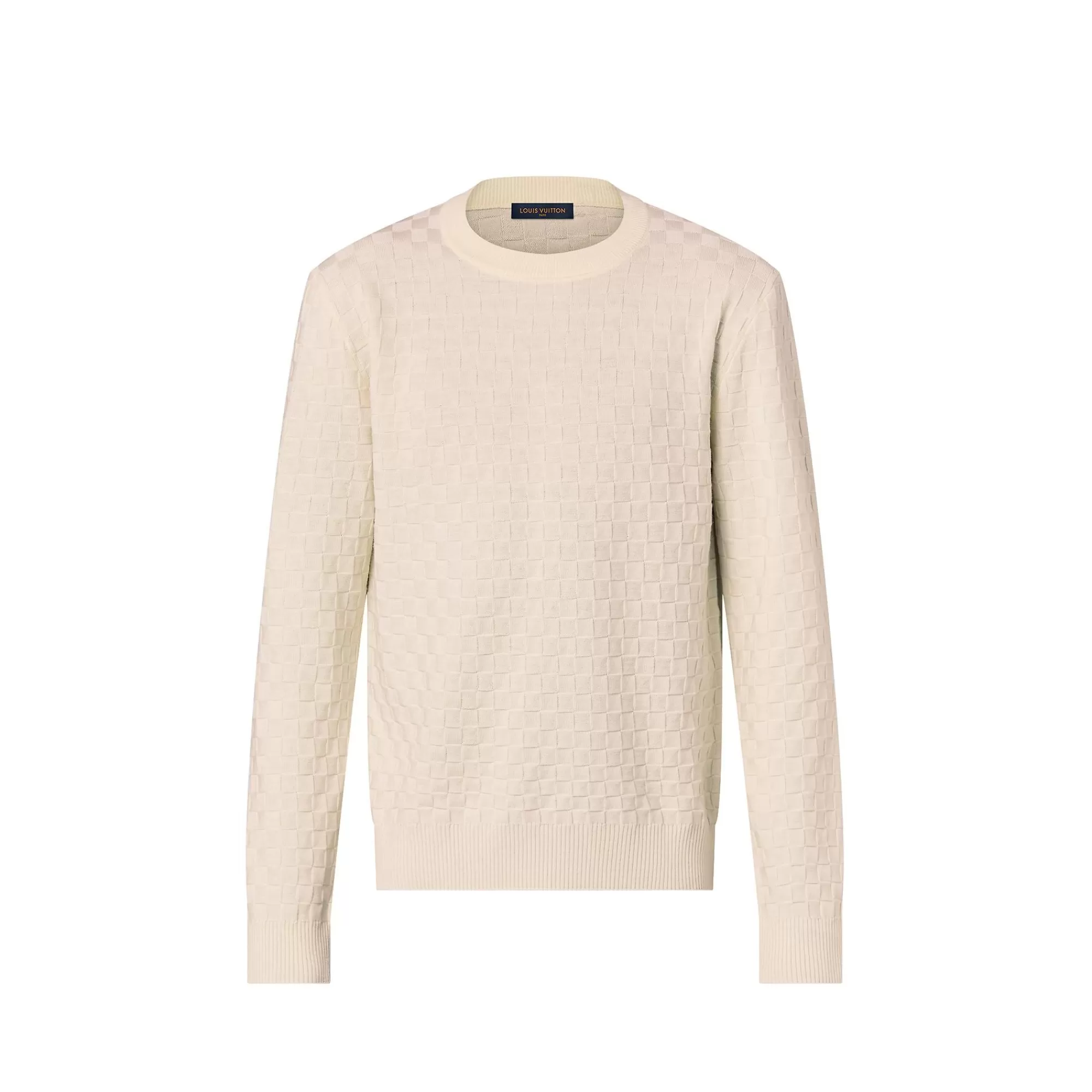 Fashion Louis Vuitton Damier Wool Long-Sleeved Crewneck Ivory