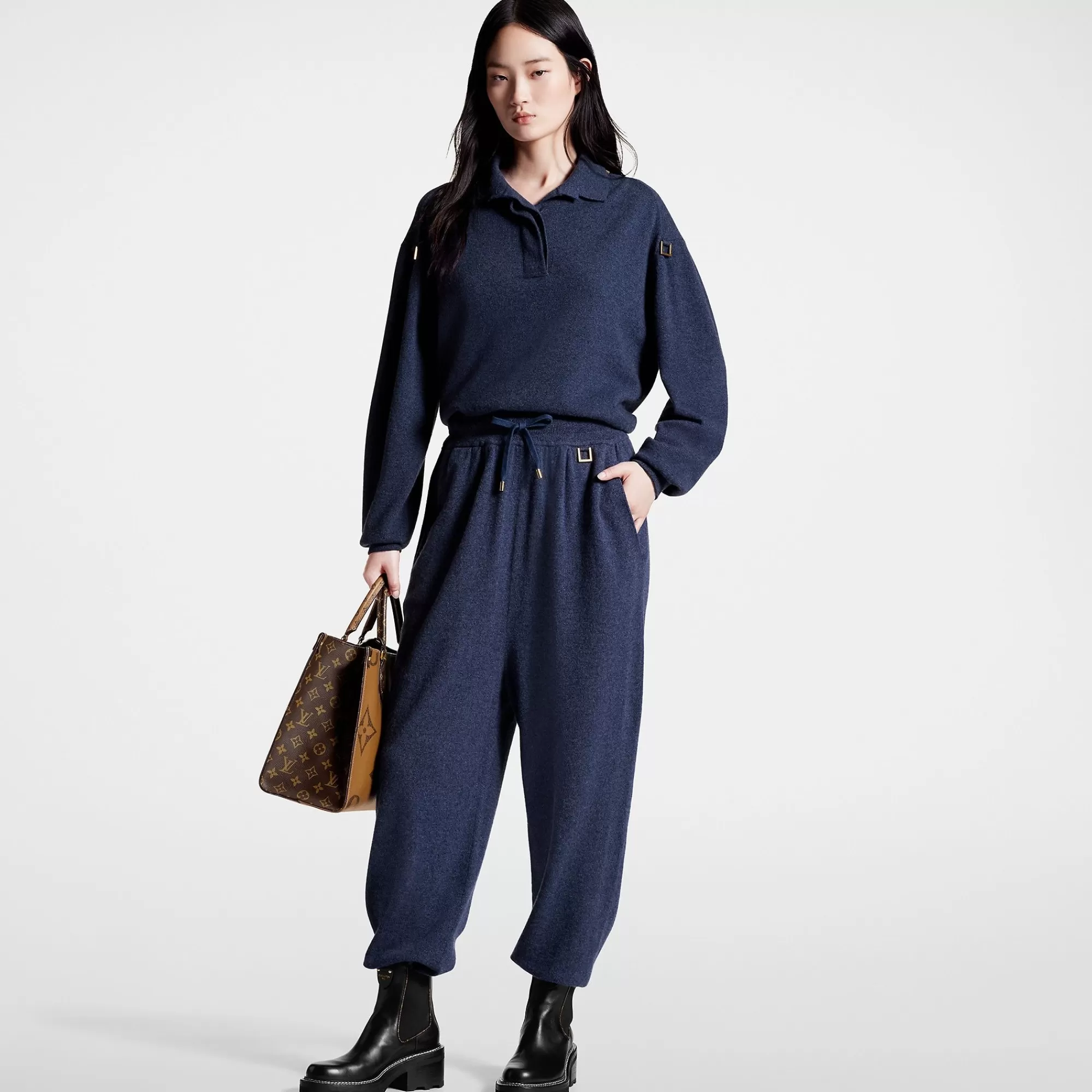 Fashion Louis Vuitton D-Ring Detail Cashmere Jogging Pants Blue Grey
