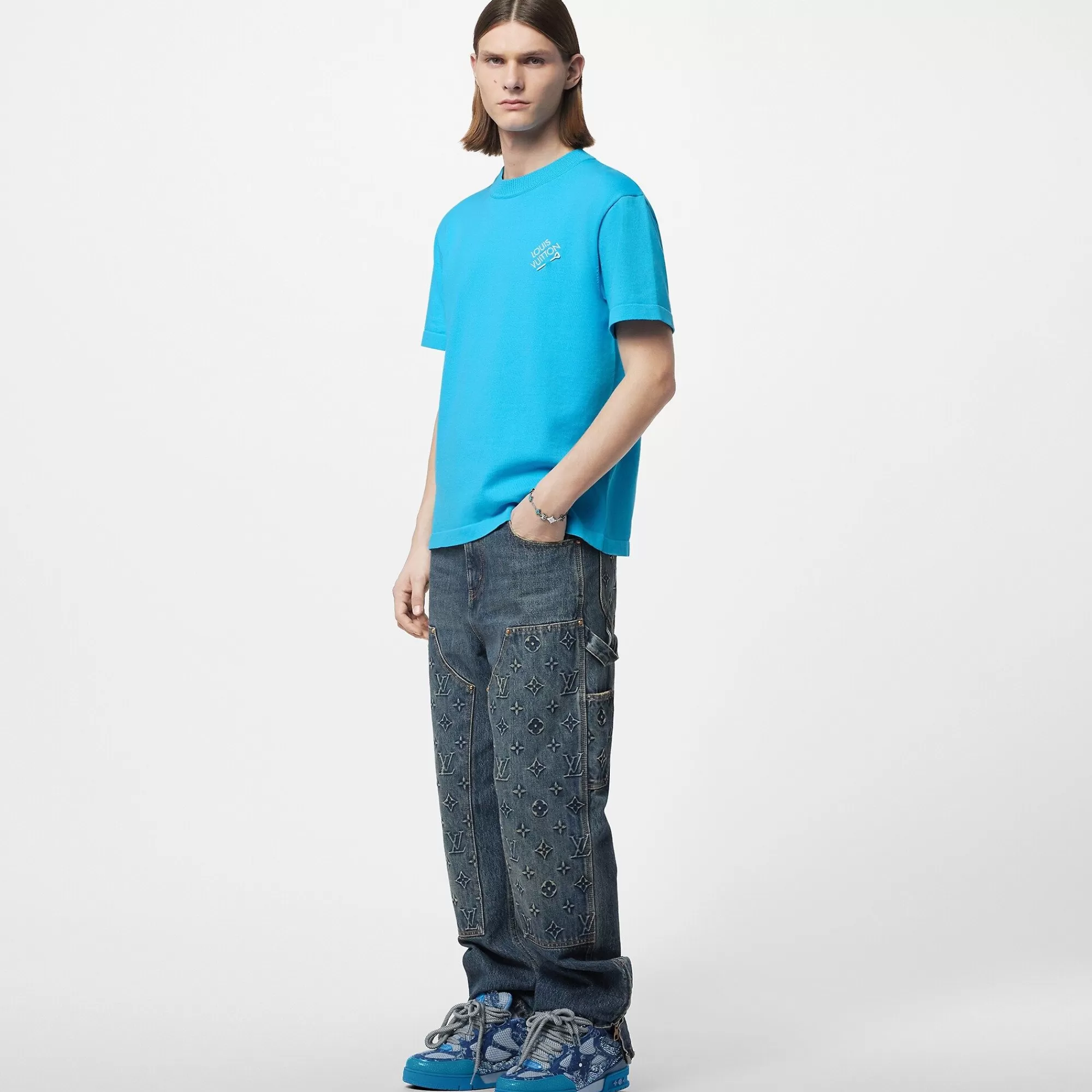 Cheap Louis Vuitton Embroidered Signature Short-Sleeved Cotton Crewneck Blue