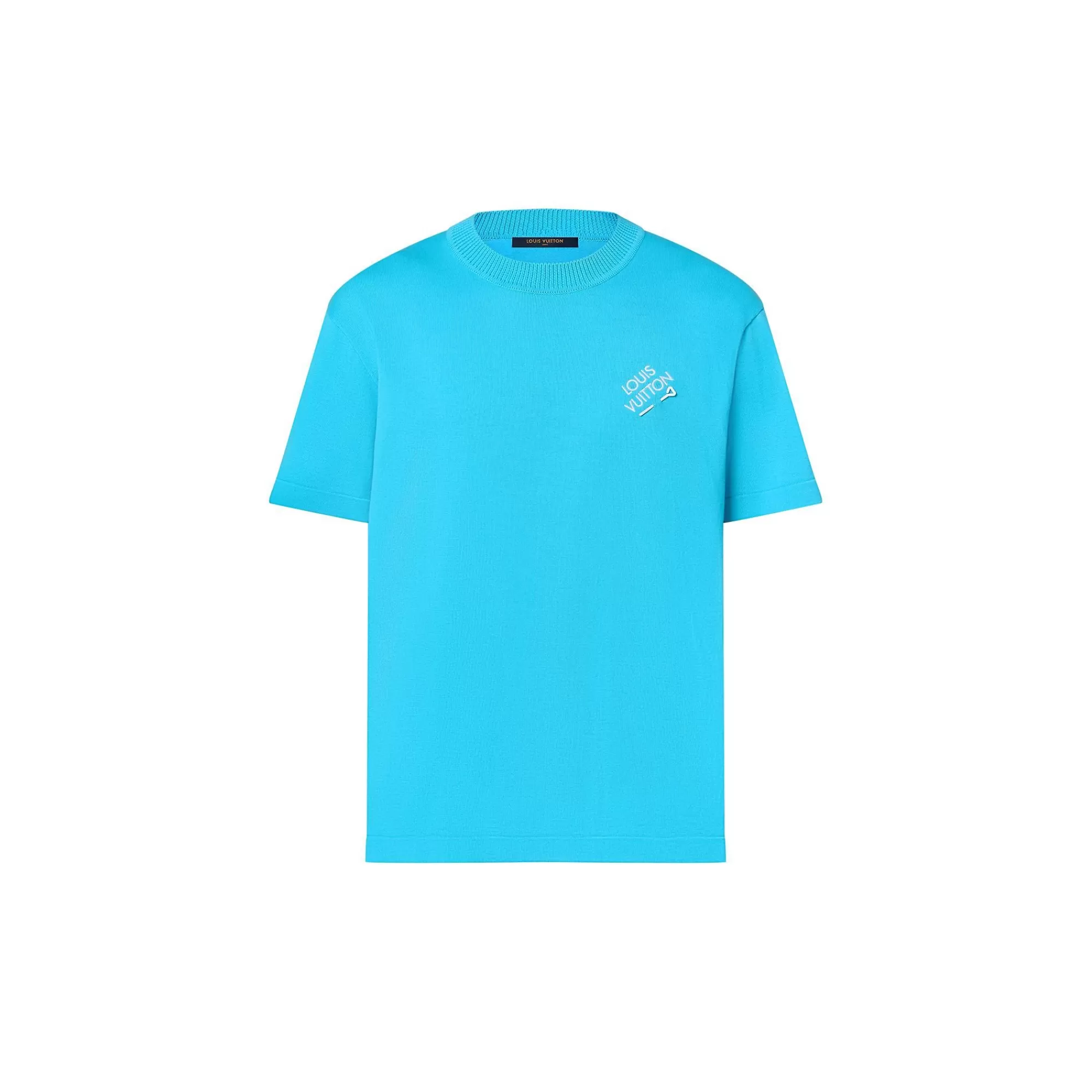 Cheap Louis Vuitton Embroidered Signature Short-Sleeved Cotton Crewneck Blue
