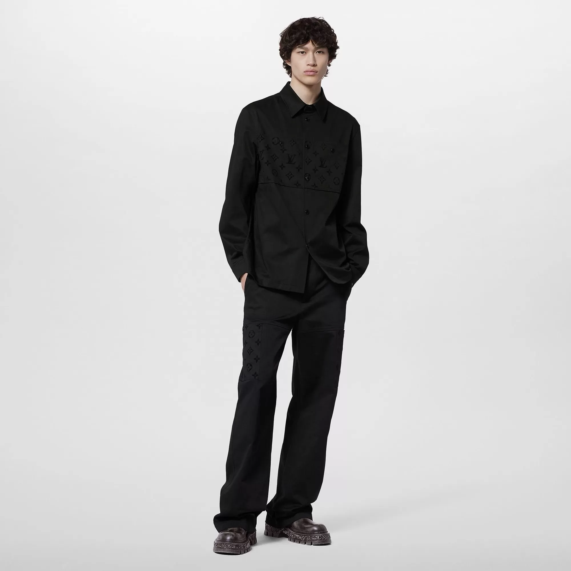 Discount Louis Vuitton Flocked Casual Cotton Overshirt Black