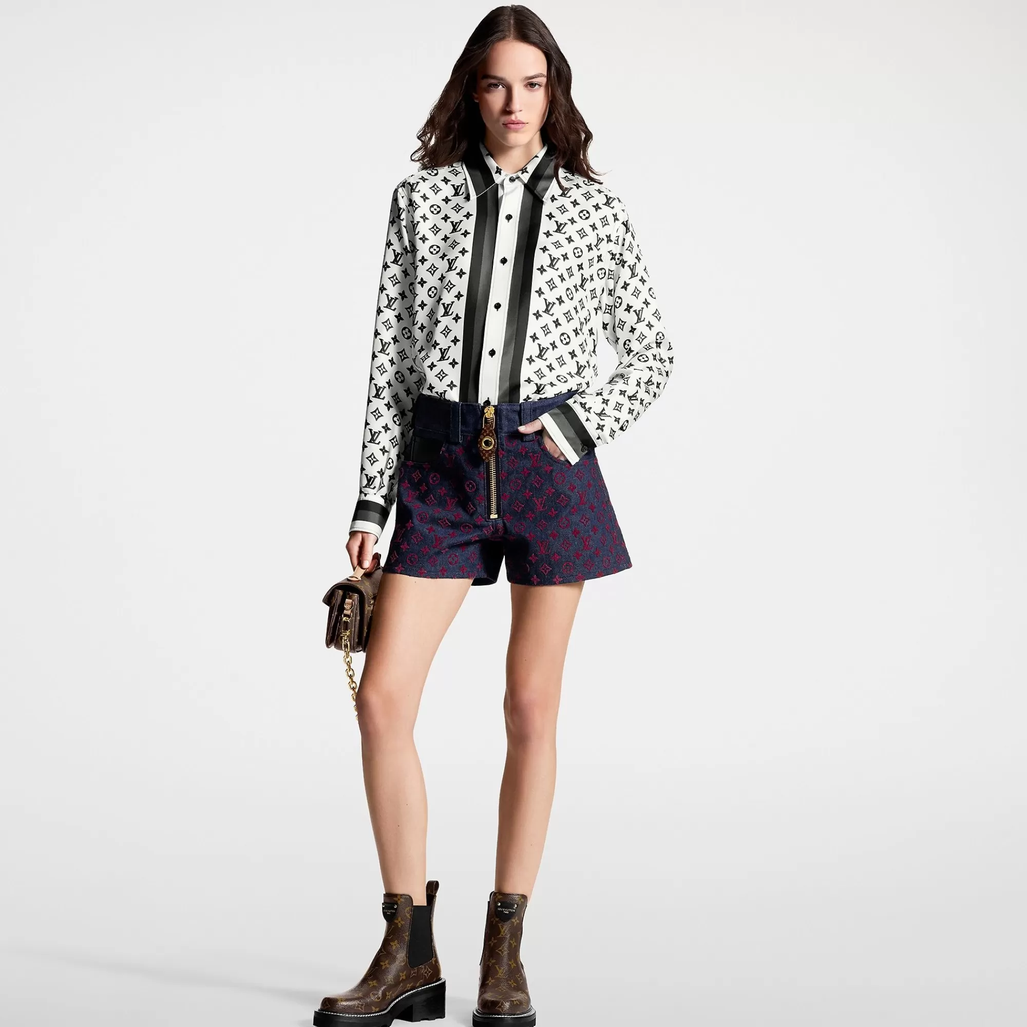 Outlet Louis Vuitton Flocked Monogram Denim Mini Shorts