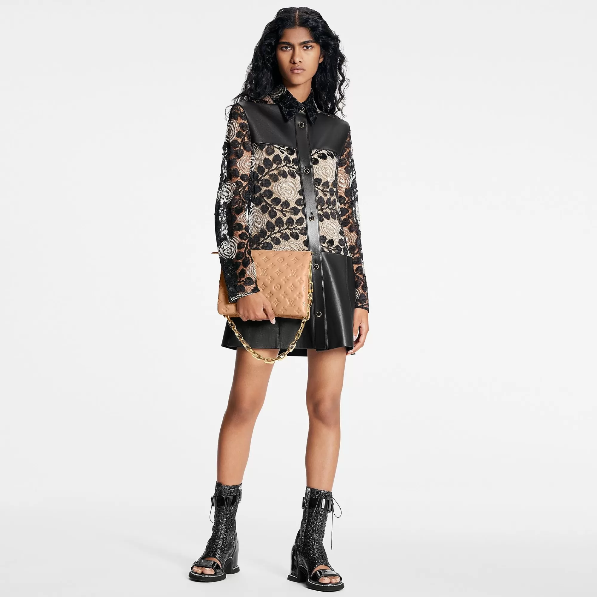 New Louis Vuitton Floral Lace And Leather Shirt Dress