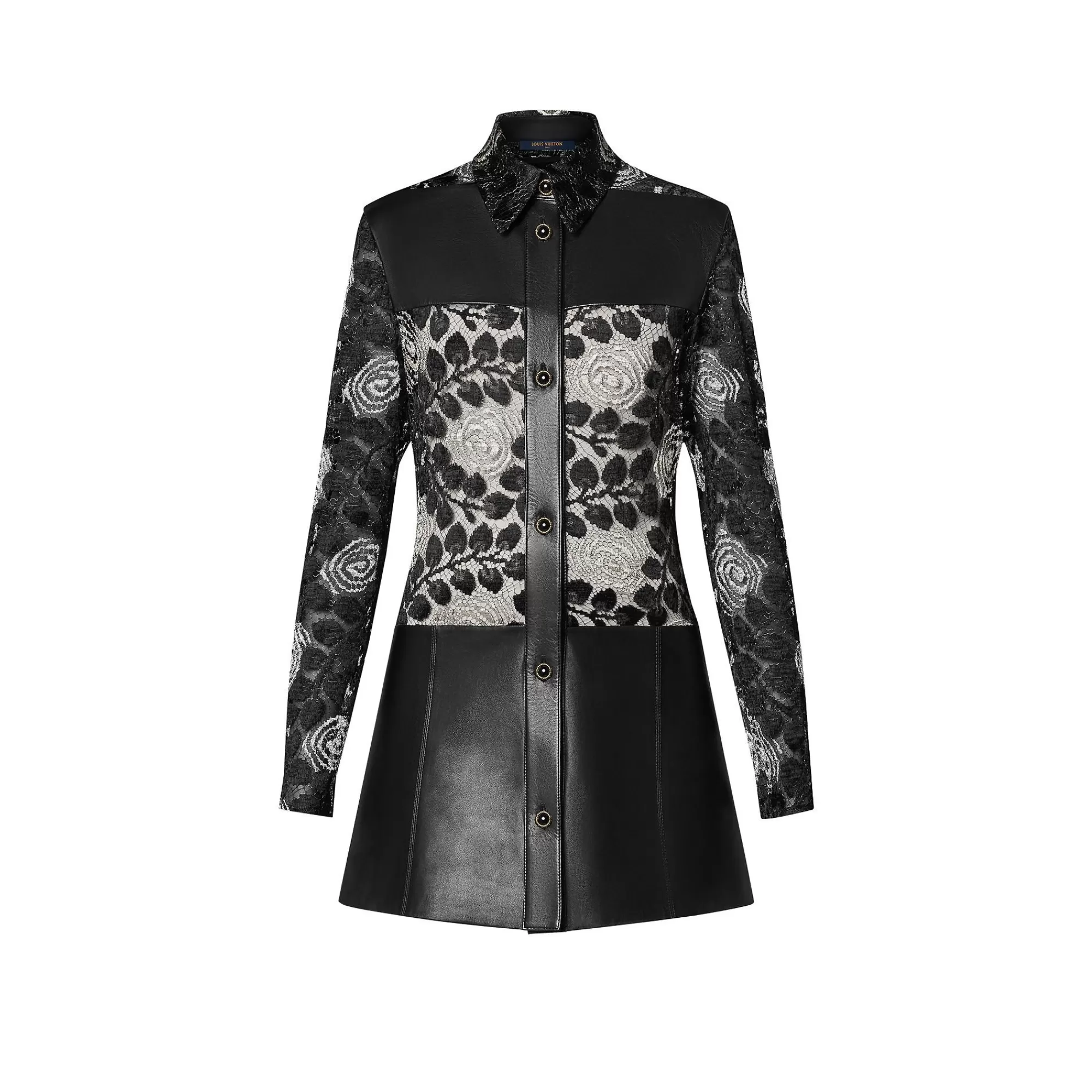 New Louis Vuitton Floral Lace And Leather Shirt Dress