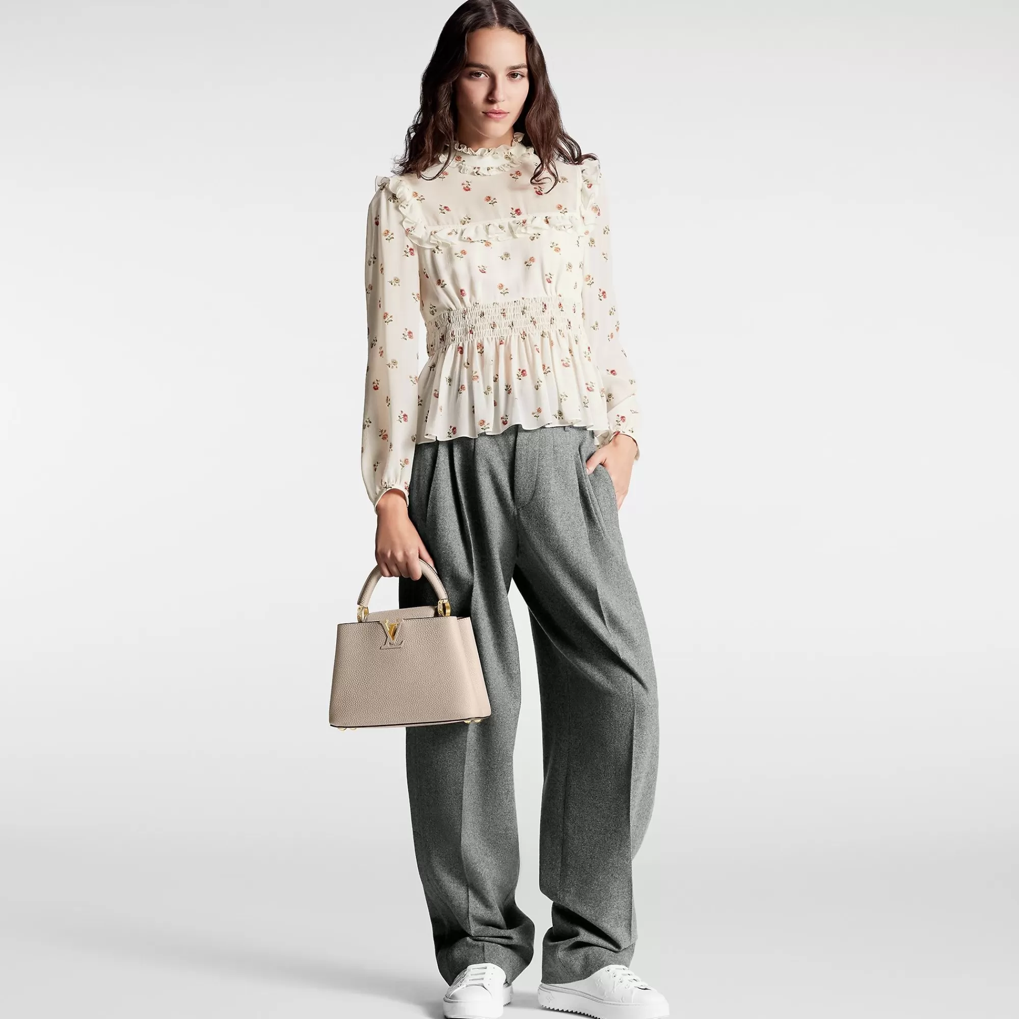 Store Louis Vuitton Floral Print Ruffle Trim Blouse Milk White