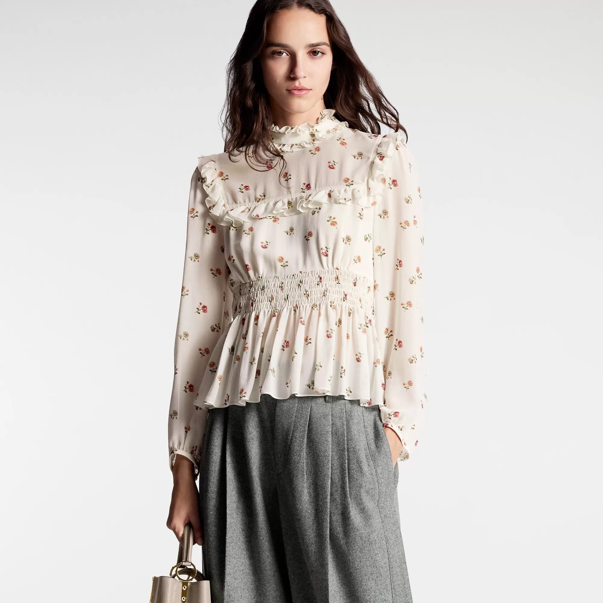 Store Louis Vuitton Floral Print Ruffle Trim Blouse Milk White