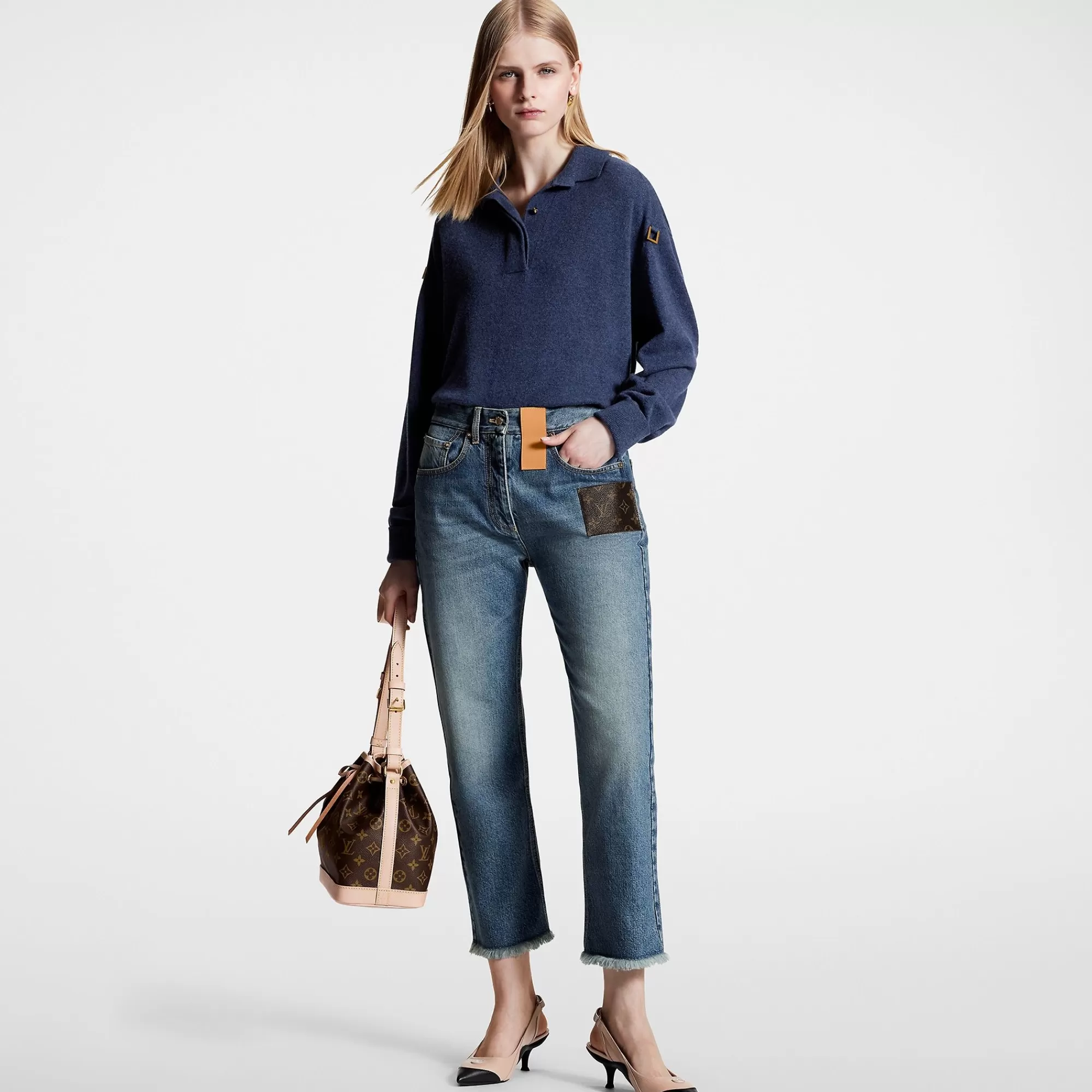 Cheap Louis Vuitton Frayed Hem Stonewashed Monogram Patch Jeans