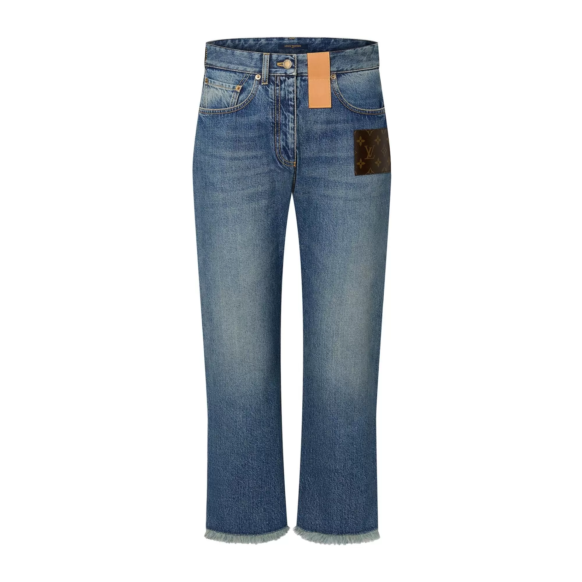 Cheap Louis Vuitton Frayed Hem Stonewashed Monogram Patch Jeans