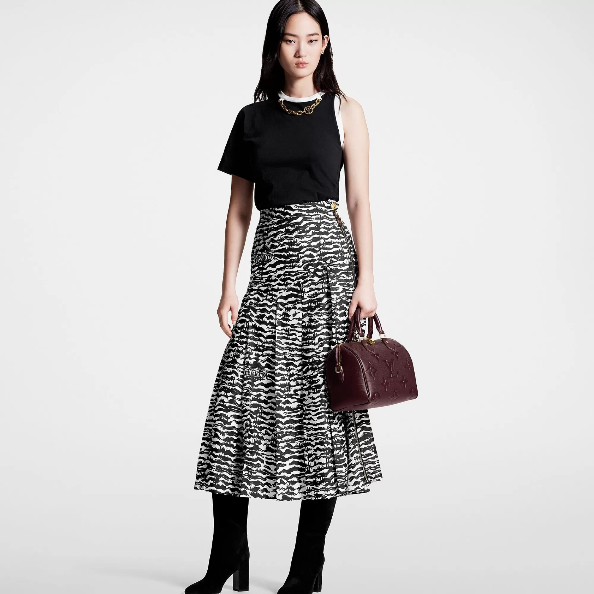 New Louis Vuitton Ink Tiger Asymmetrical Pleat Midi Skirt