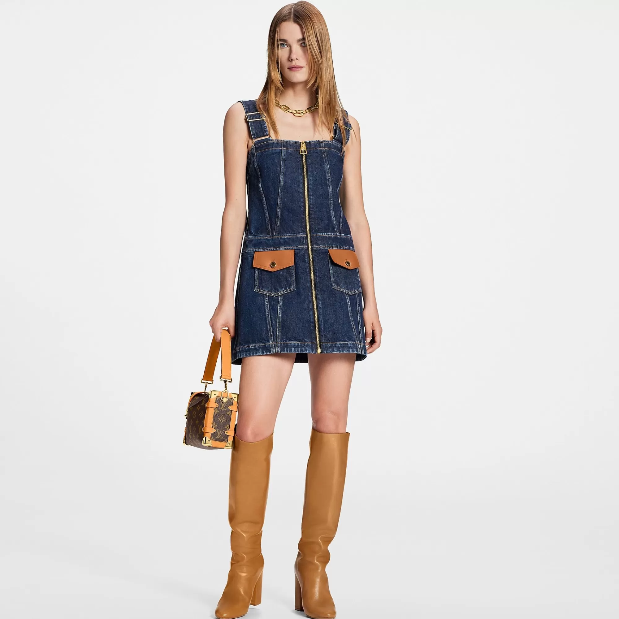 Fashion Louis Vuitton Leather Accent Denim Mini Dress