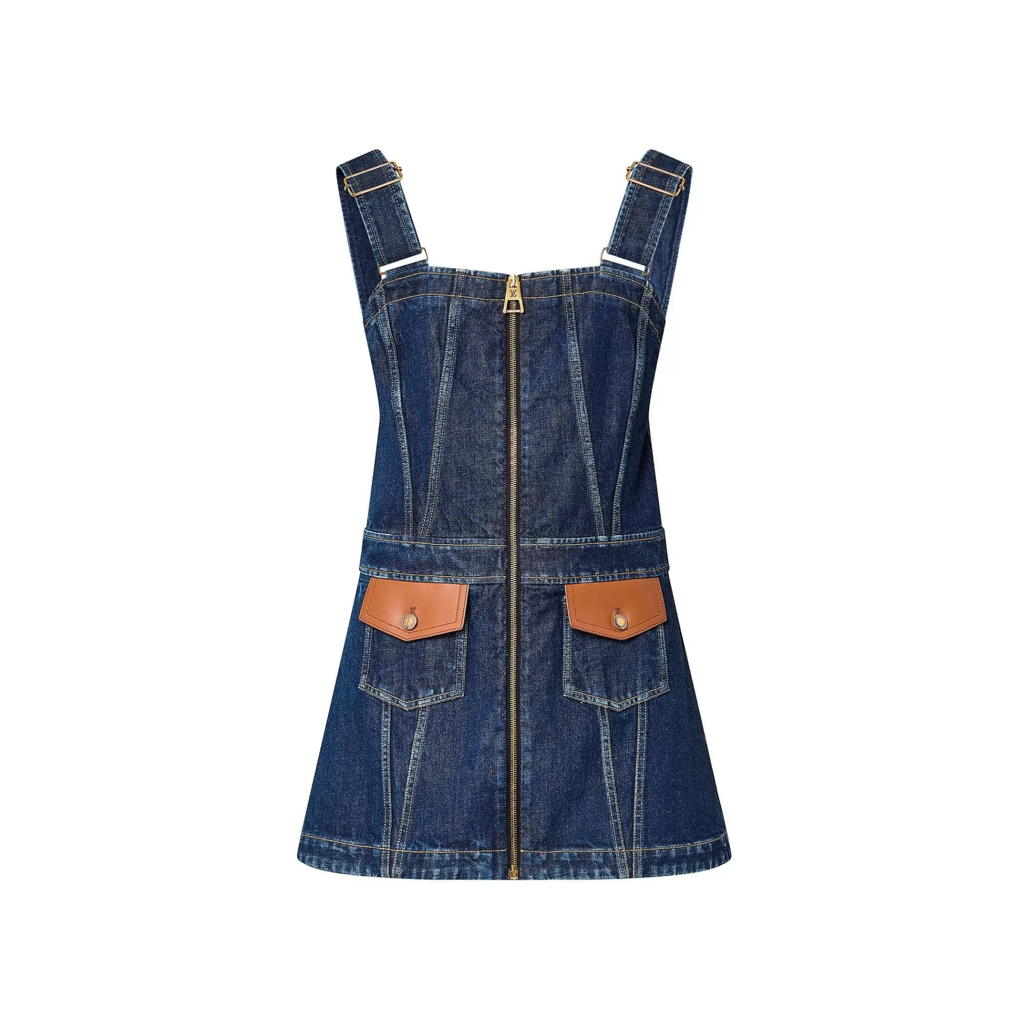 Fashion Louis Vuitton Leather Accent Denim Mini Dress