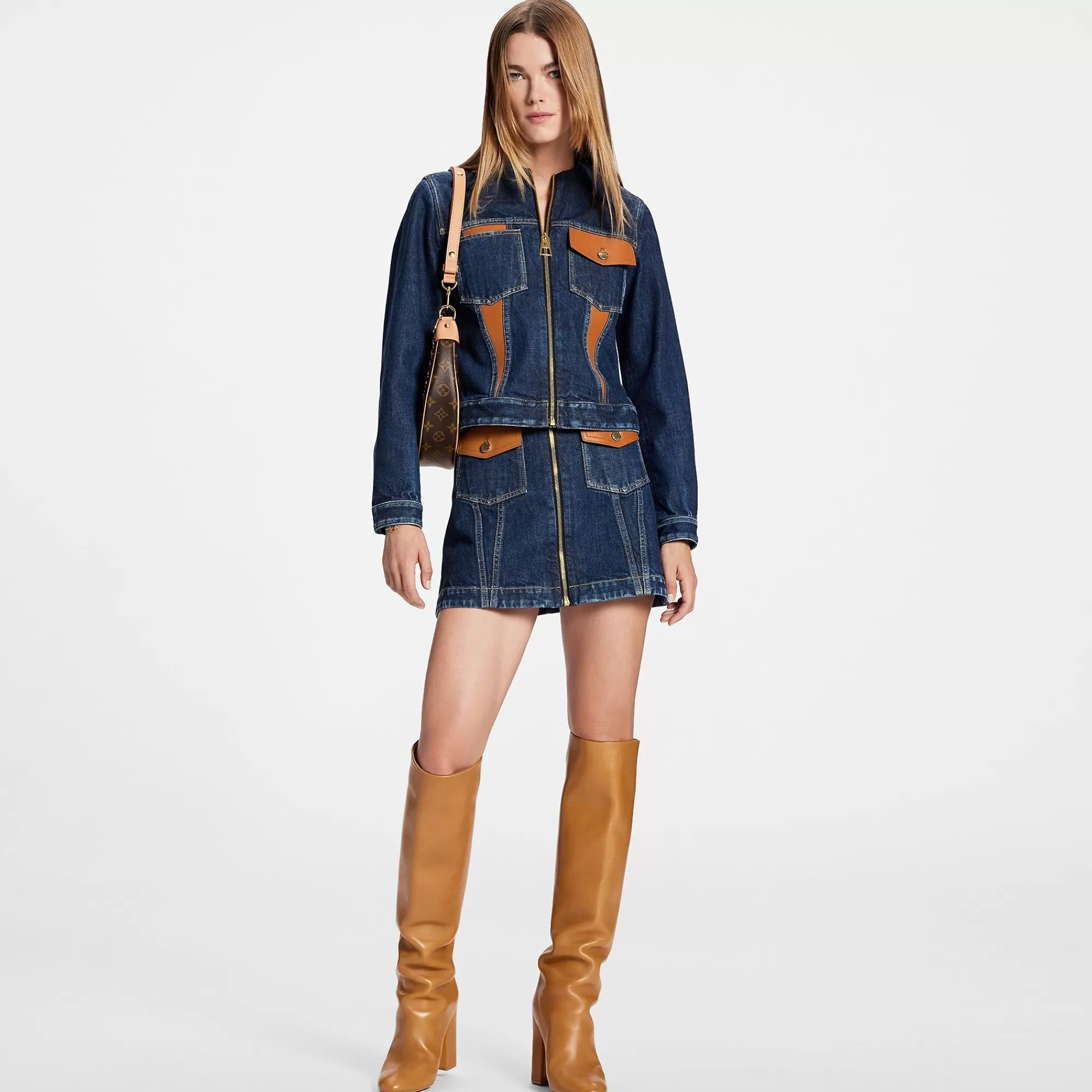 Hot Louis Vuitton Leather Accent Denim Mini Skirt
