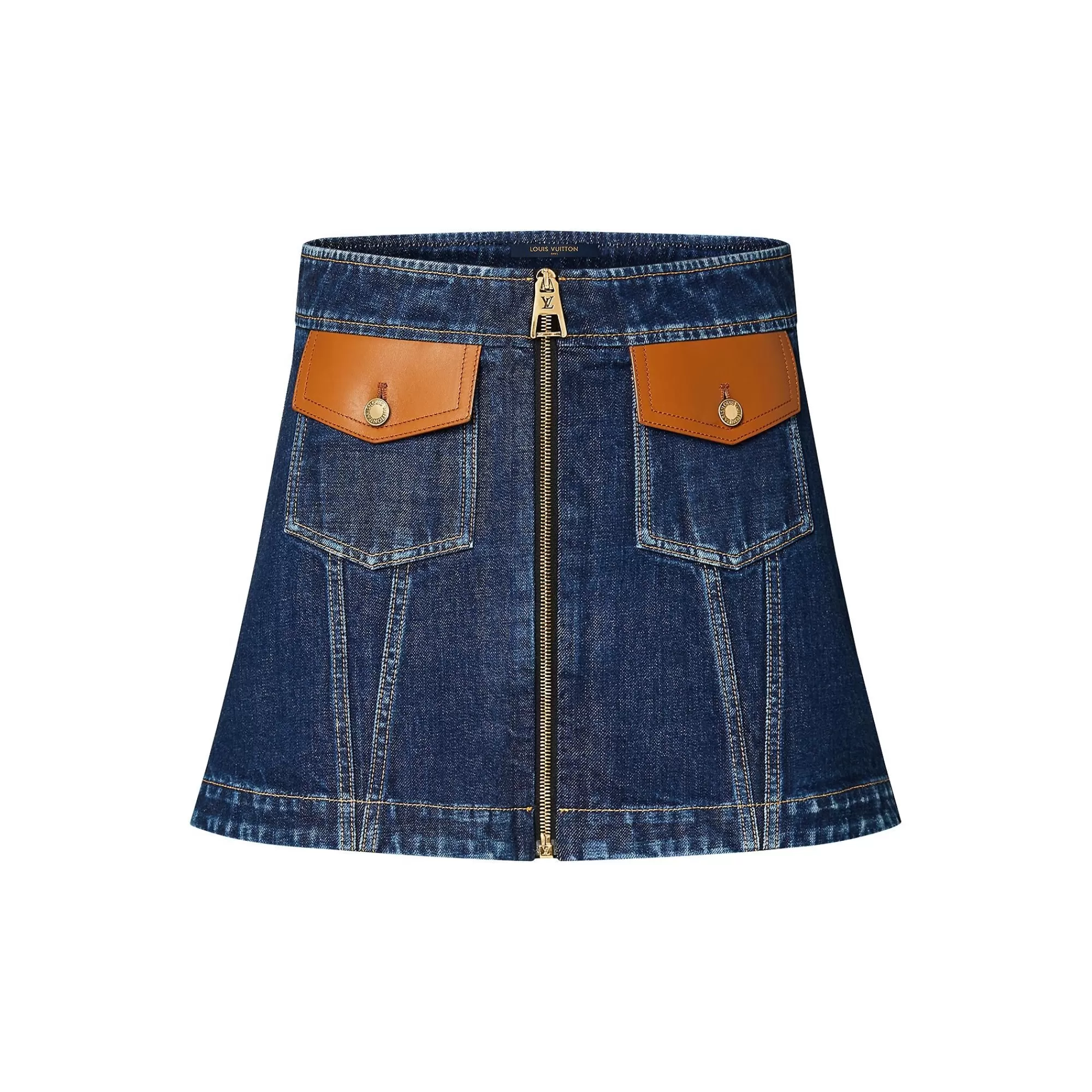 Hot Louis Vuitton Leather Accent Denim Mini Skirt