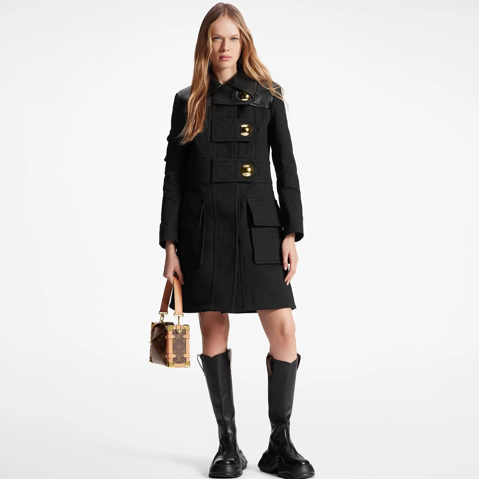 Shop Louis Vuitton Leather Accent Snap Button Coat