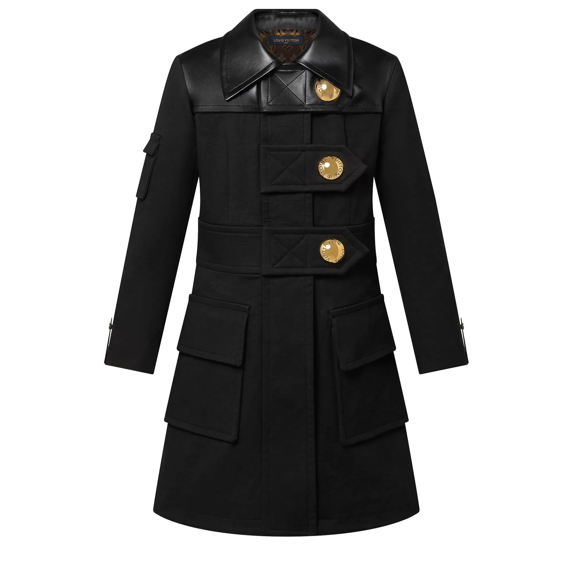 Shop Louis Vuitton Leather Accent Snap Button Coat