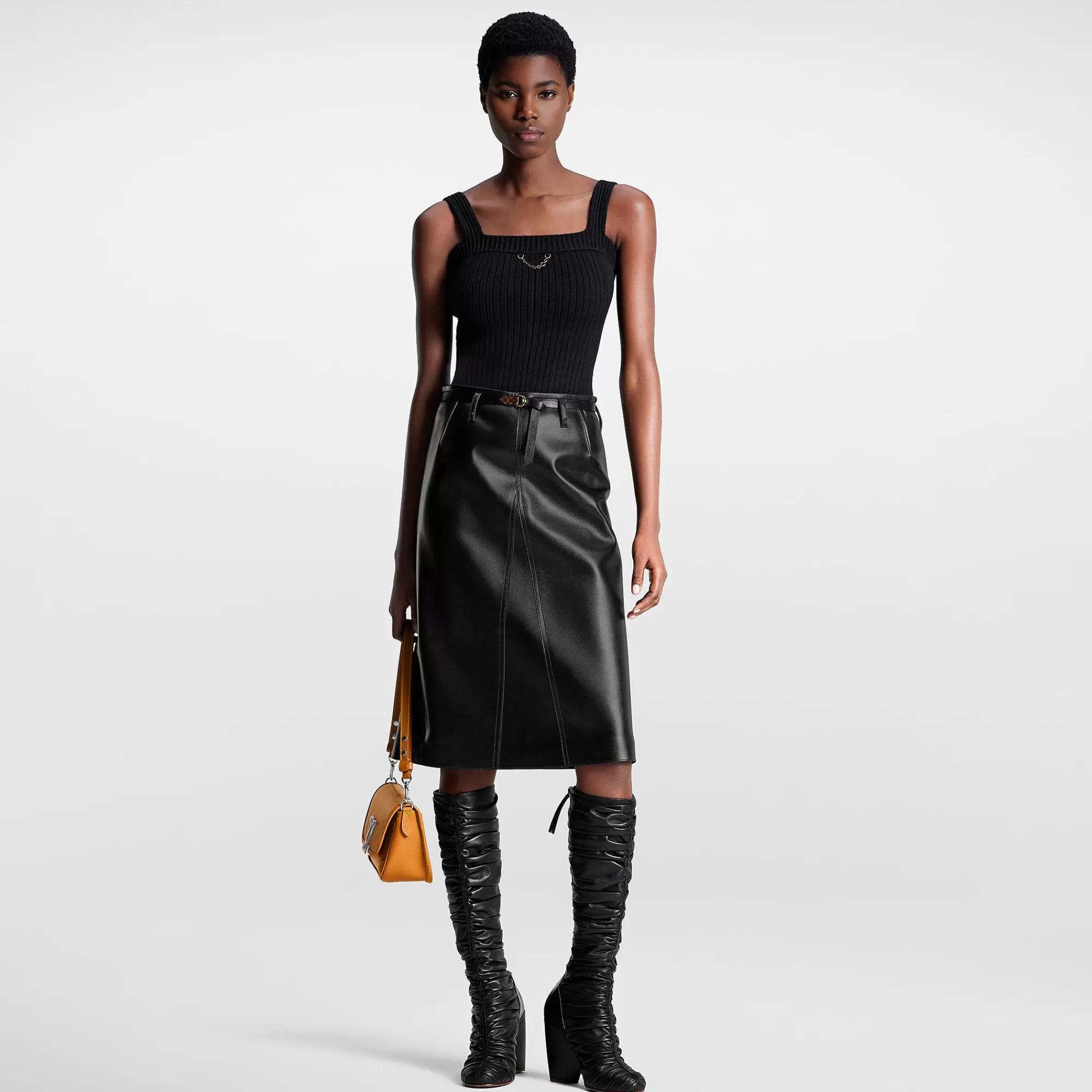Online Louis Vuitton Leather Belted Midi Skirt