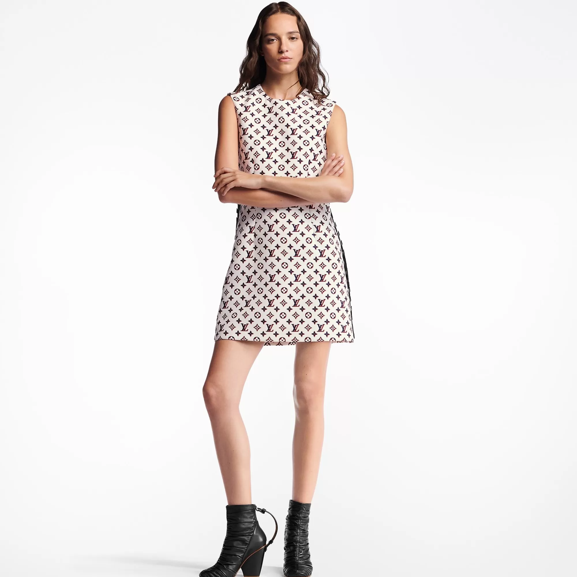 Outlet Louis Vuitton Leather Trim Tricolor Monogram Dress