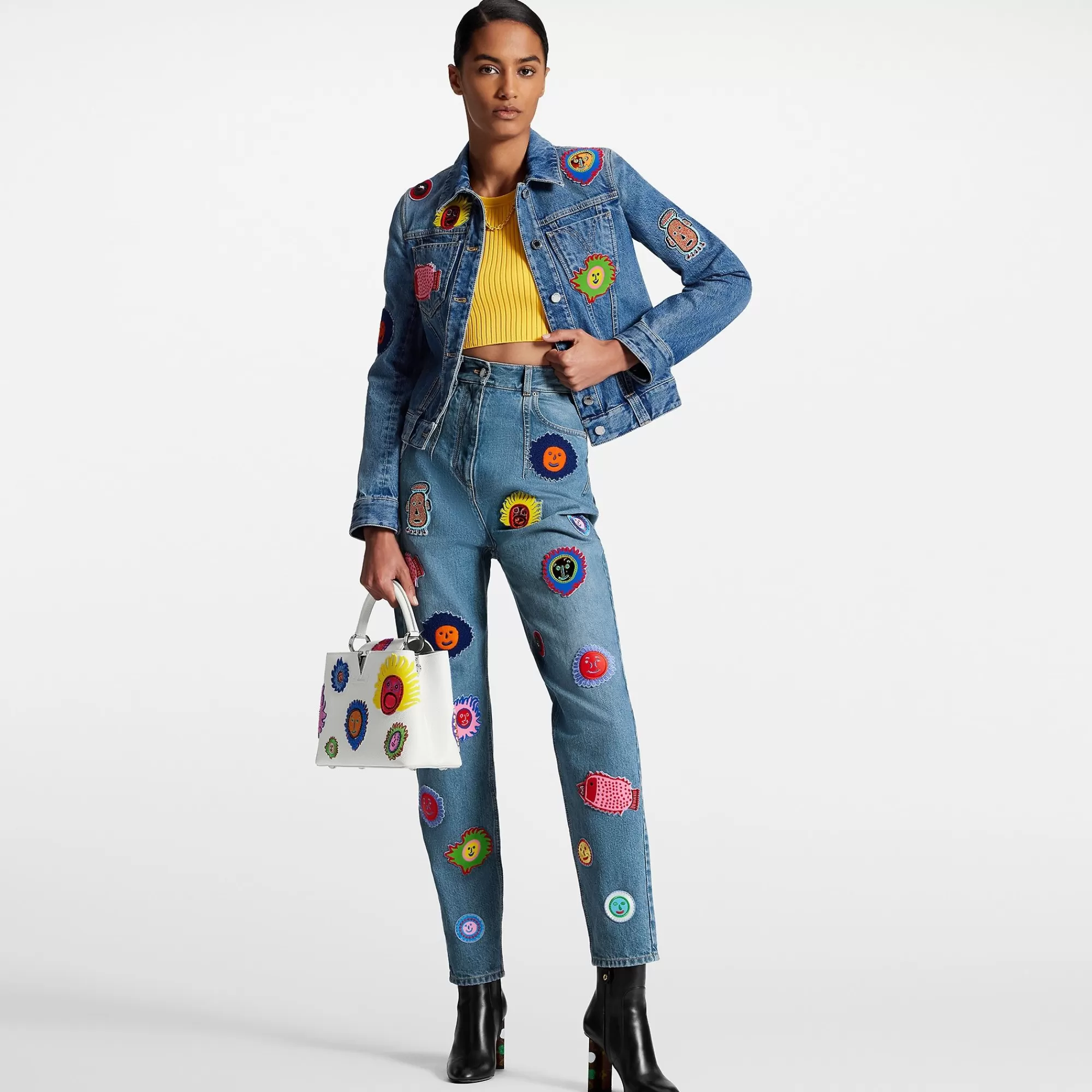 Cheap Louis Vuitton Lv X Yk Faces Patches Fitted Denim Jacket