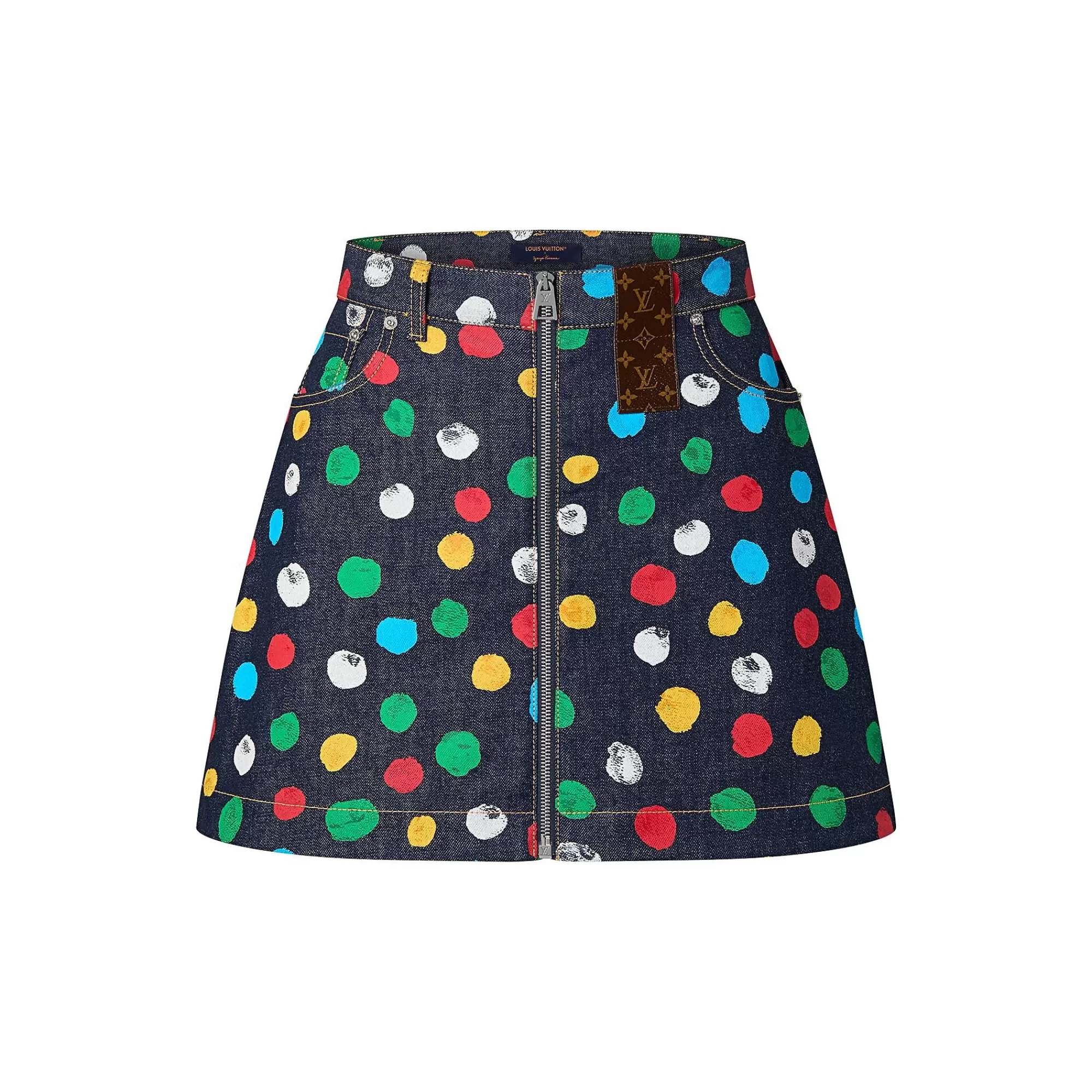 Shop Louis Vuitton Lv X Yk Painted Dots Denim Mini Skirt