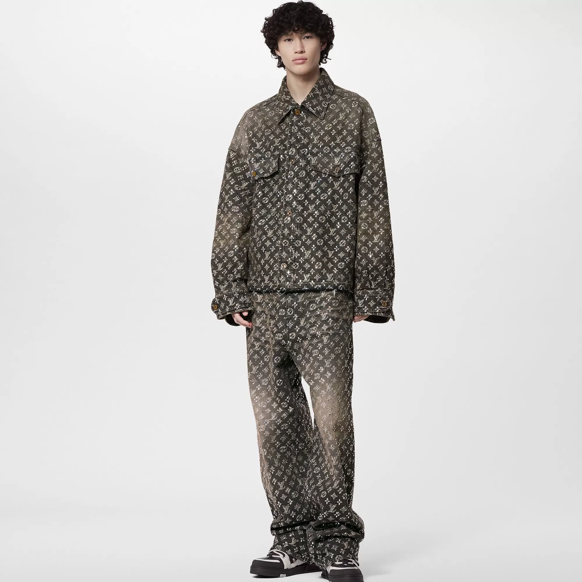 Cheap Louis Vuitton Made To Order Embroidered Monogram Baggy Denim Pants