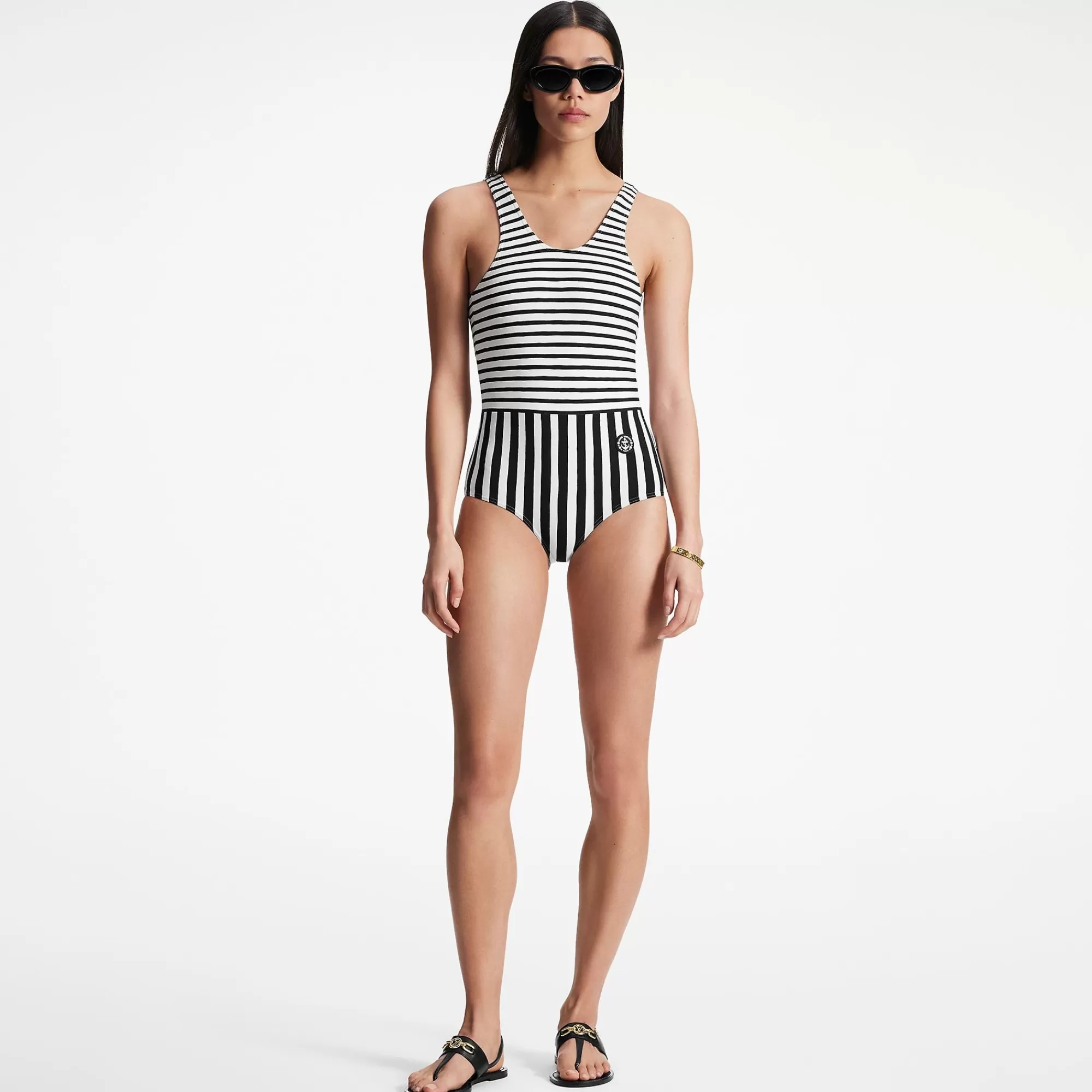Shop Louis Vuitton Mixed Stripes One-Piece Swimsuit