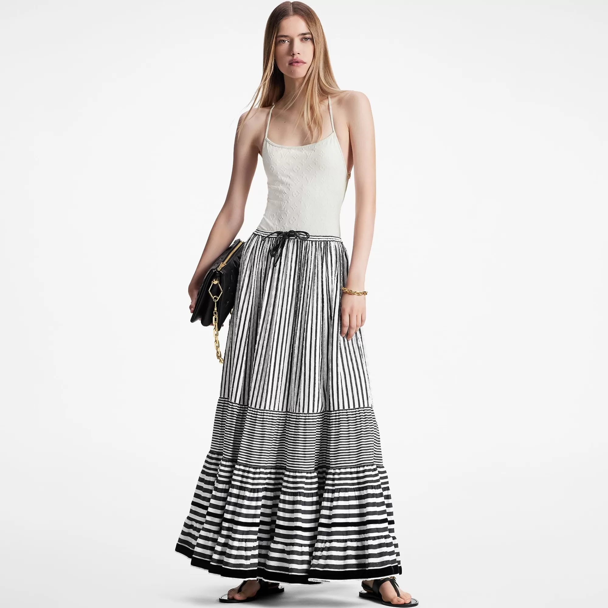 Fashion Louis Vuitton Mixed Stripes Tiered Midi Skirt