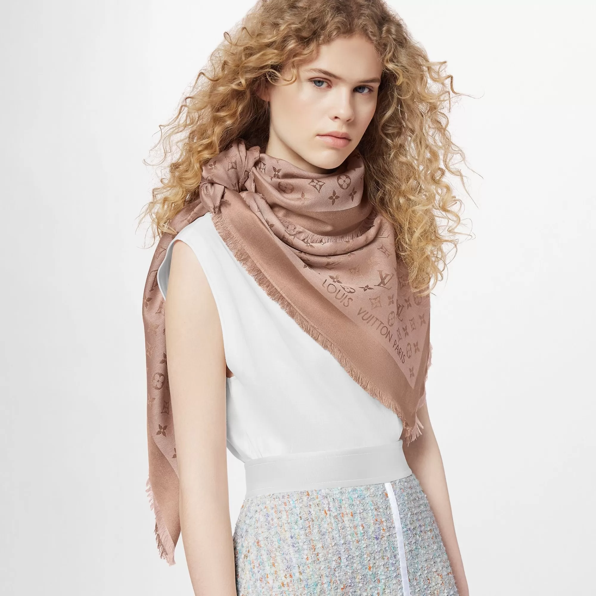 Sale Louis Vuitton Monogram Denim Shawl Beige Rose