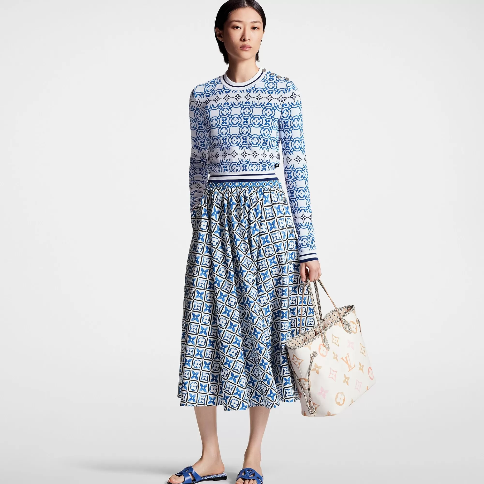 Sale Louis Vuitton Monogram Flower Tile Jacquard Cropped Pullover Blue