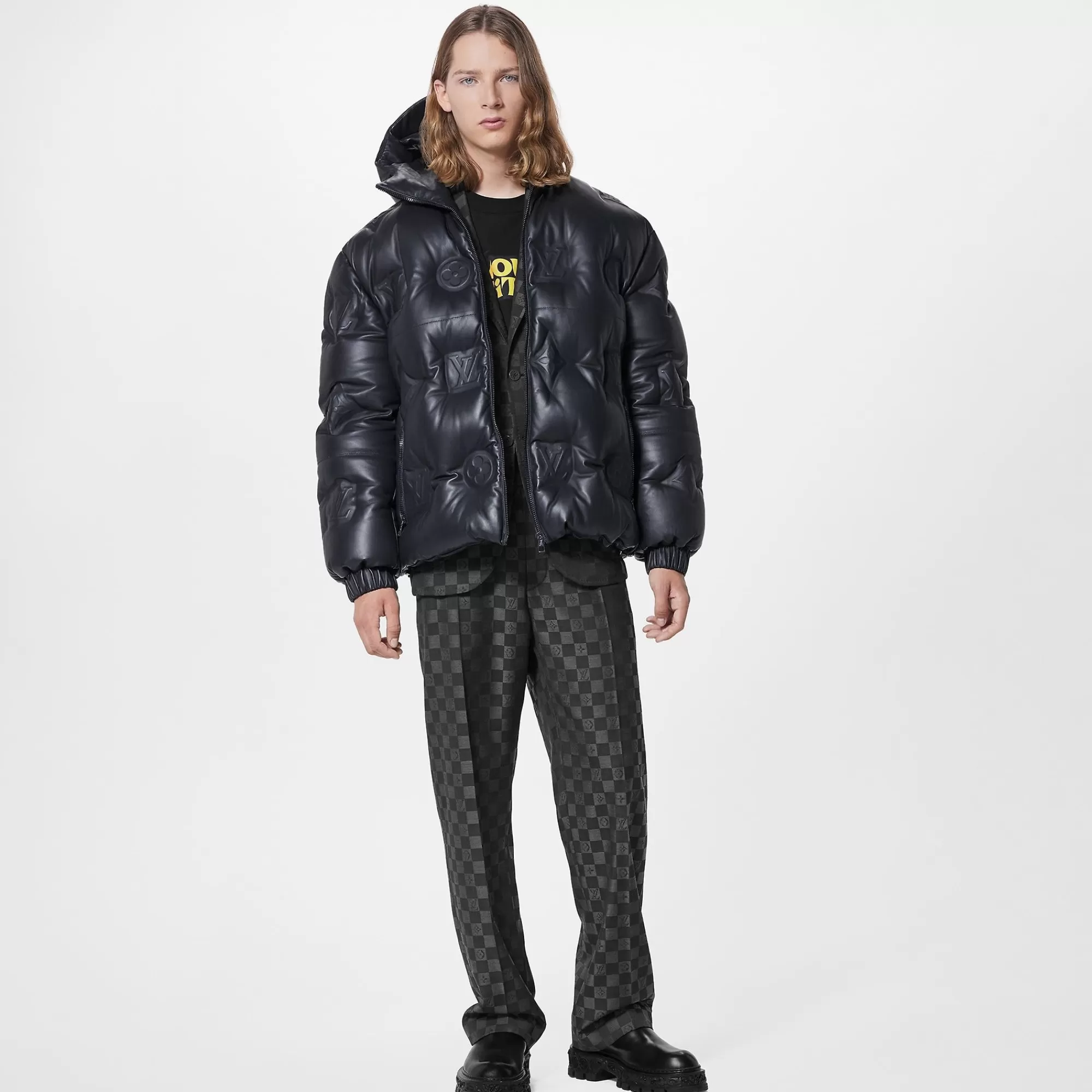 New Louis Vuitton Monogram Leather Hooded Down Jacket