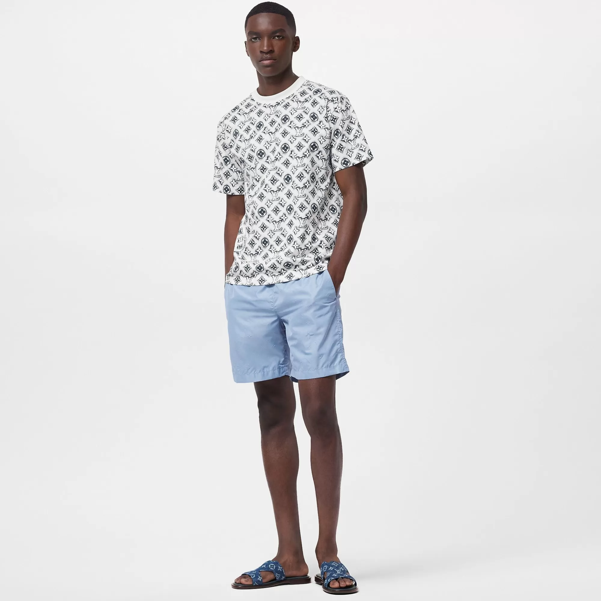 Outlet Louis Vuitton Monogram Nylon Swim Board Shorts Grey Blue