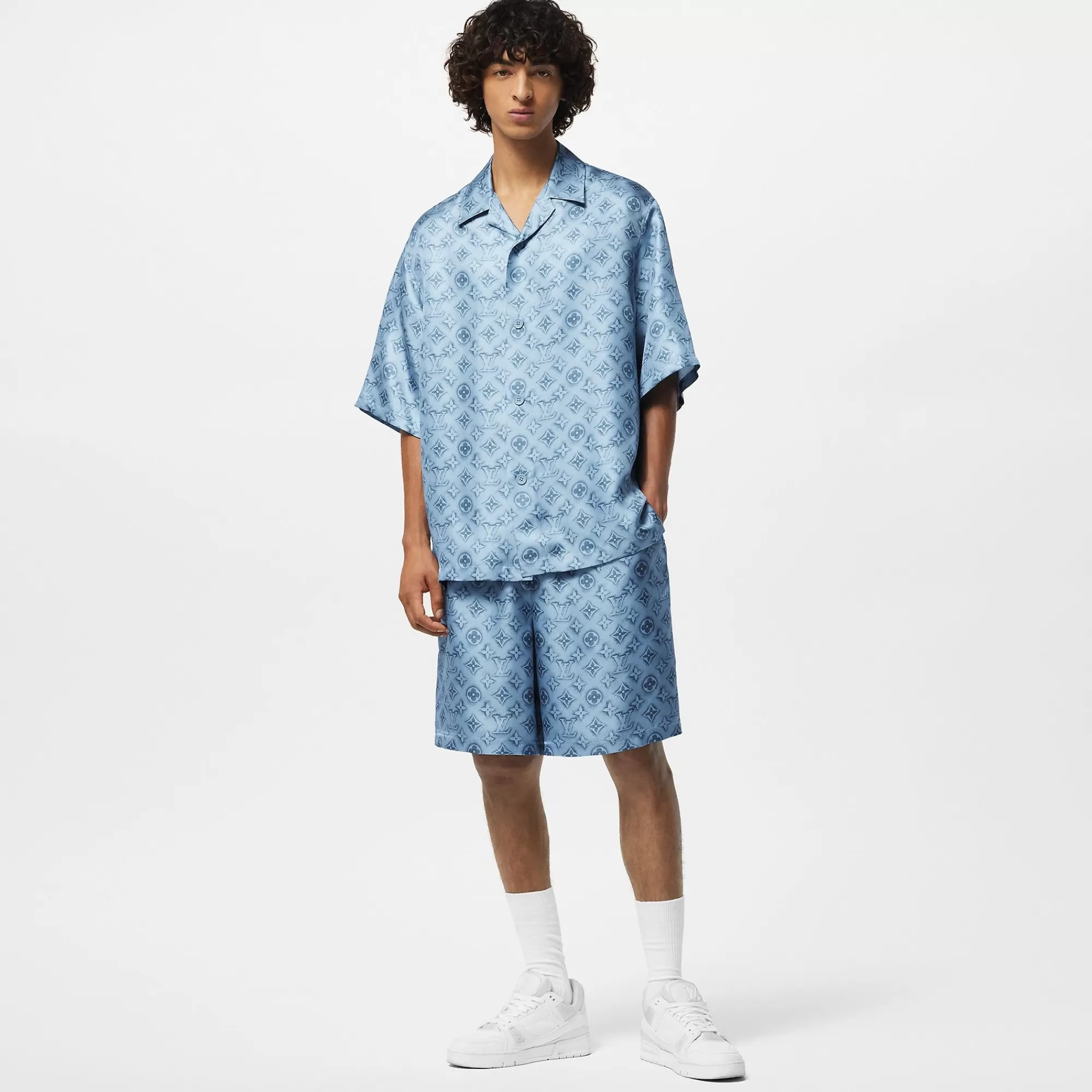 Best Sale Louis Vuitton Monogram Silk Short-Sleeved Shirt Grey Blue Denim
