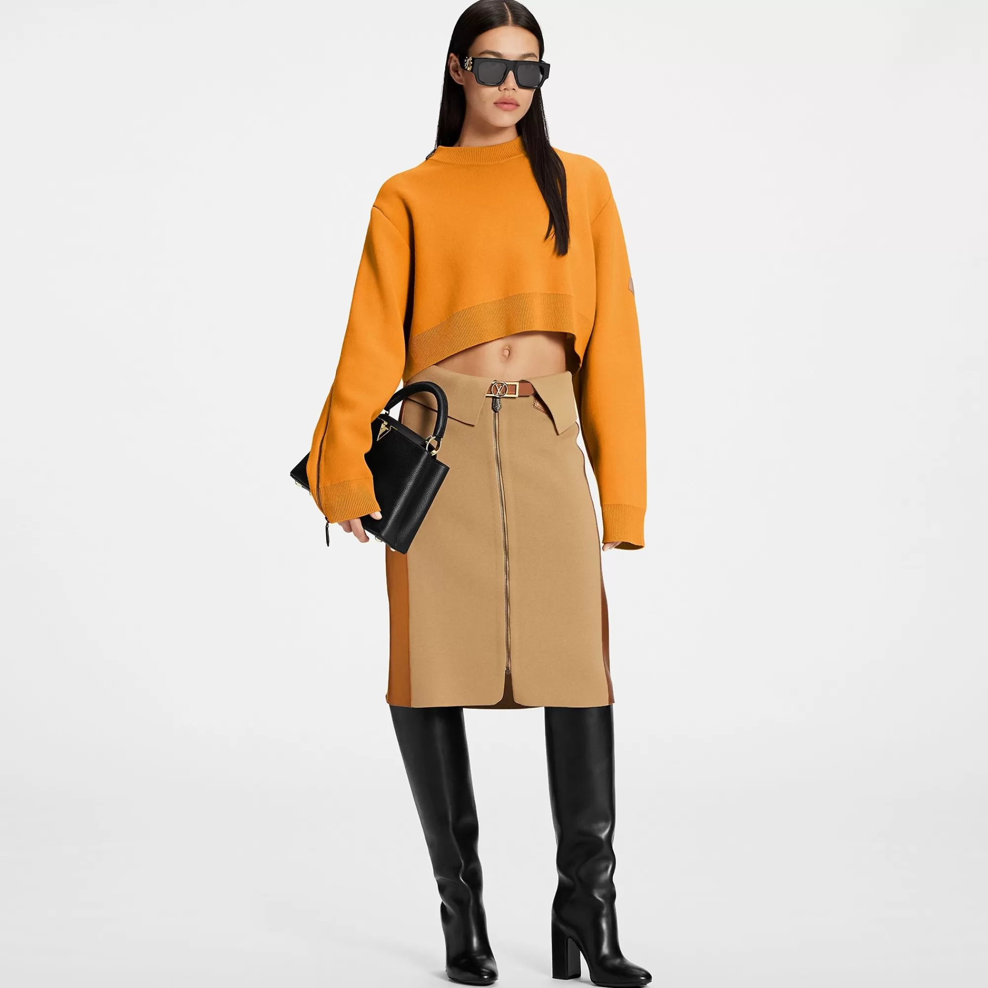 Best Louis Vuitton Monogram Trim Open Sleeve Cropped Pullover Ocher