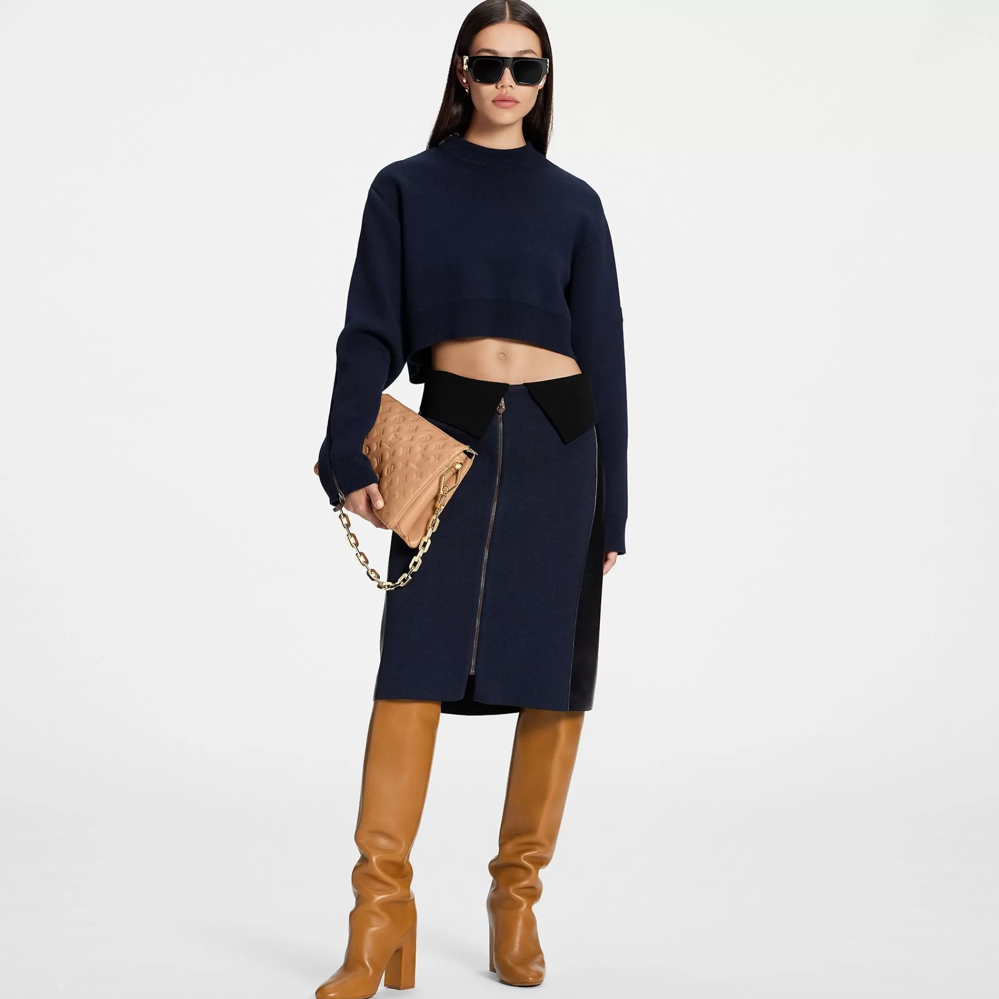 Discount Louis Vuitton Monogram Trim Open Sleeve Cropped Pullover Navy