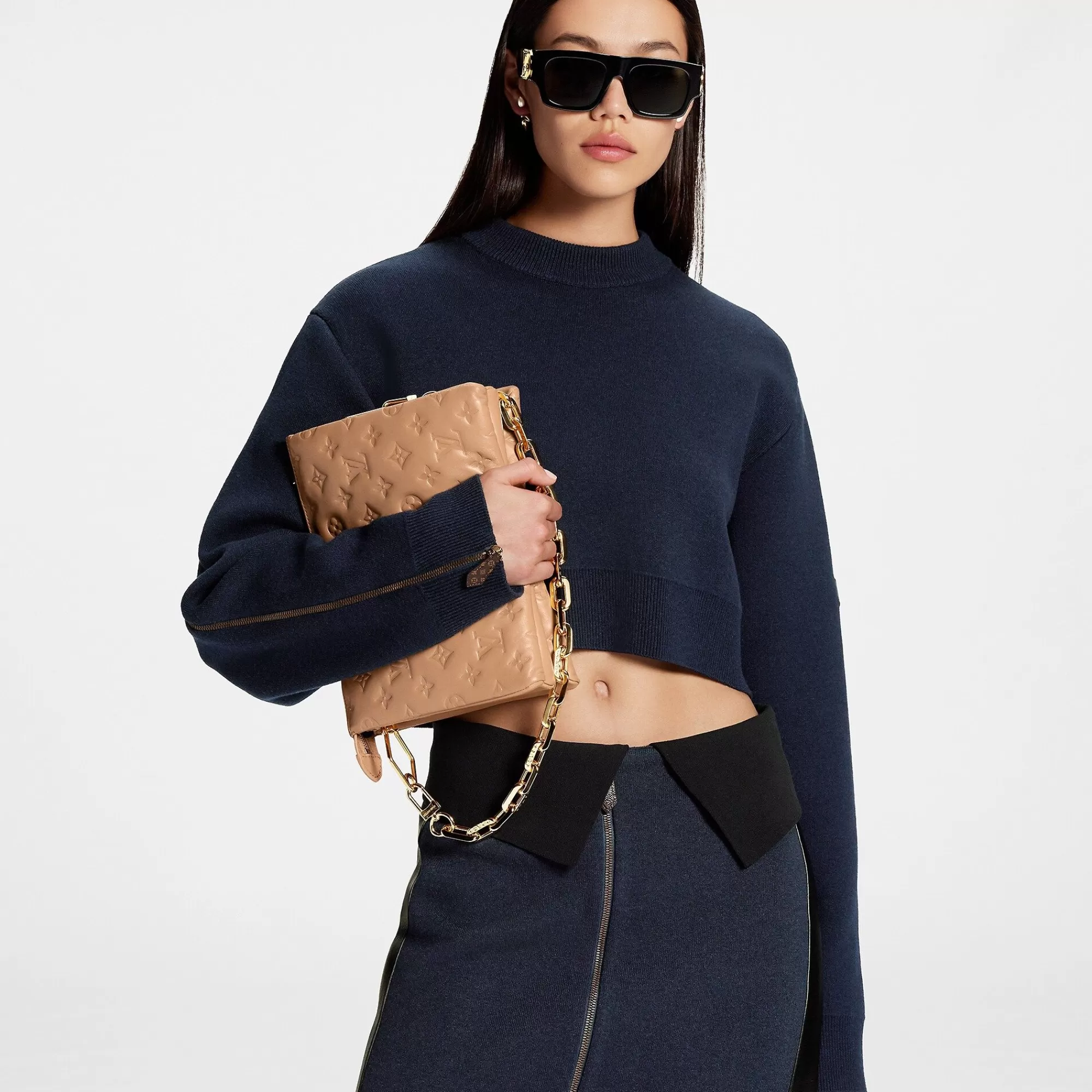 Discount Louis Vuitton Monogram Trim Open Sleeve Cropped Pullover Navy