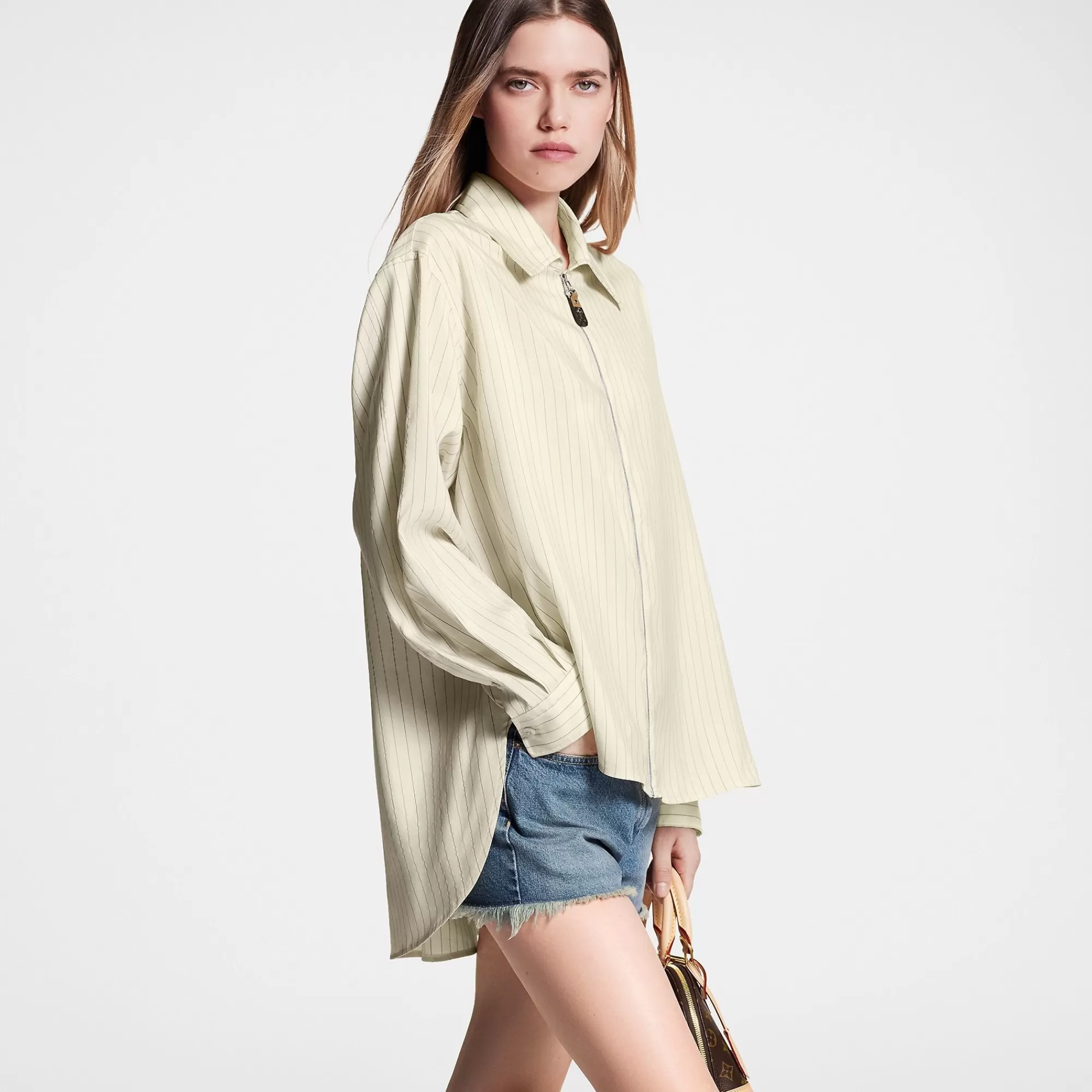 Best Sale Louis Vuitton Pinstripe Dipped Hem Zip-Up Shirt