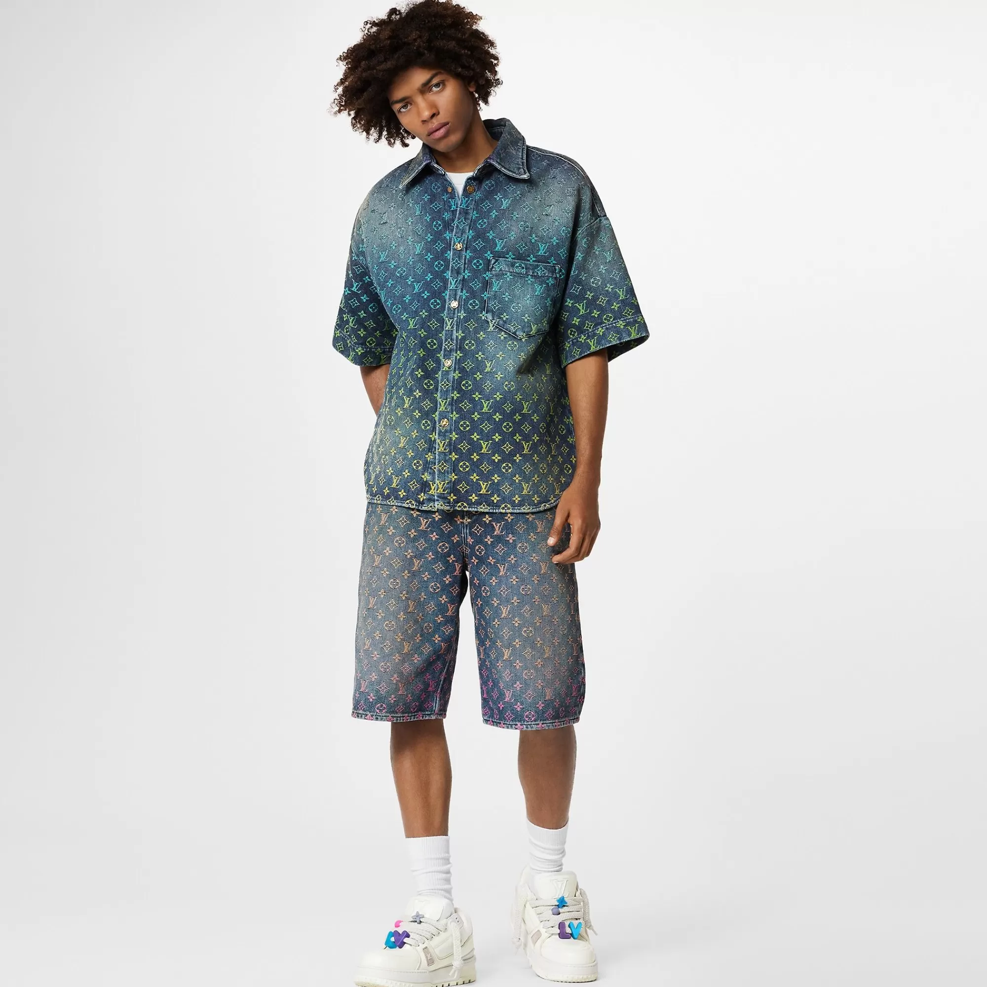 Fashion Louis Vuitton Rainbow Monogram Short-Sleeved Denim Shirt