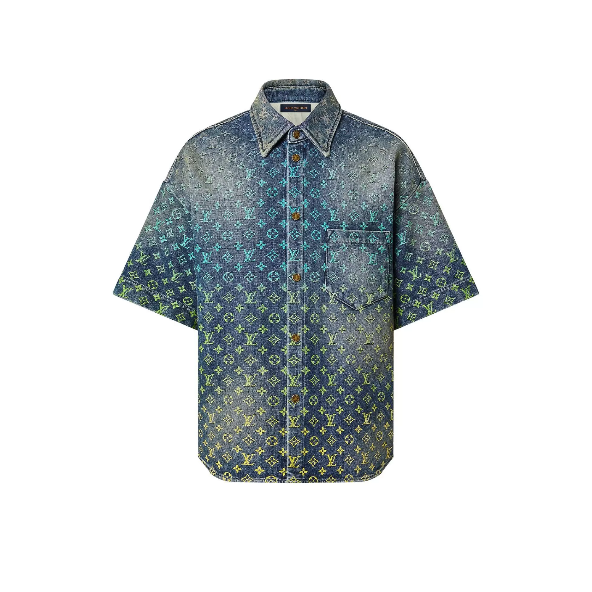Fashion Louis Vuitton Rainbow Monogram Short-Sleeved Denim Shirt