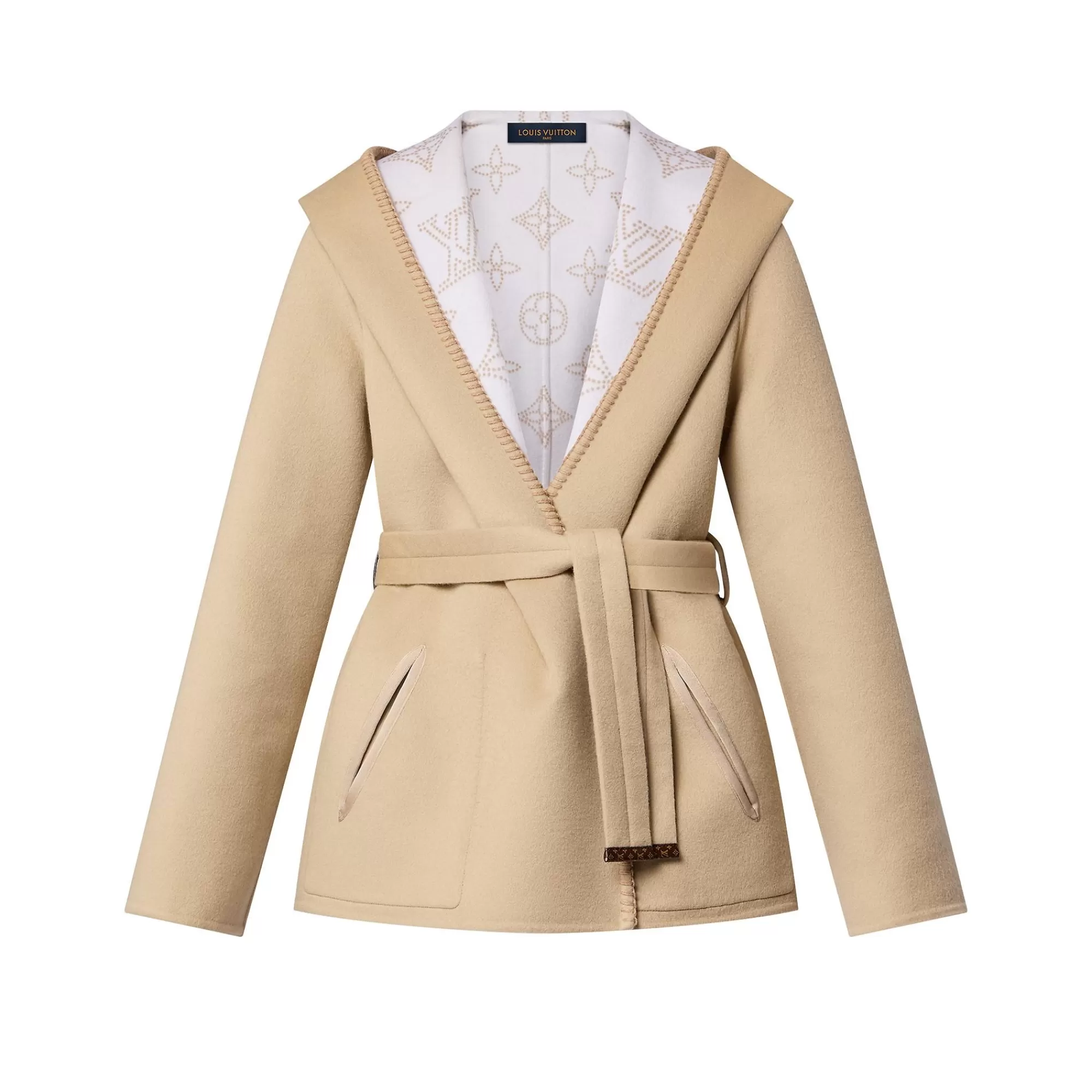 New Louis Vuitton Reversible Signature Short Hooded Wrap Coat Beige