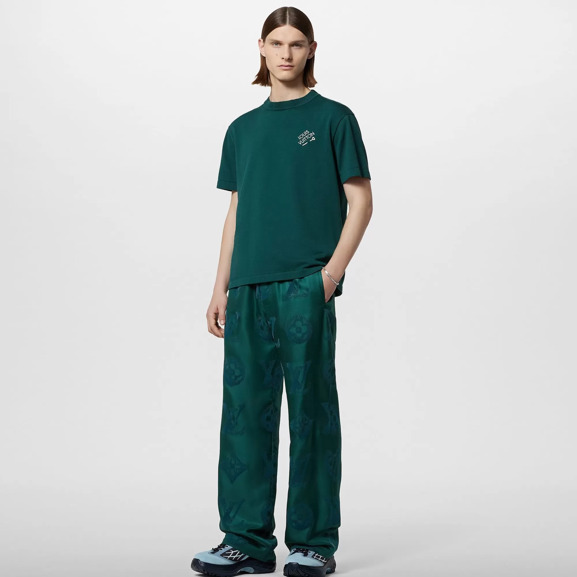New Louis Vuitton Signature Short-Sleeved Cotton Crewneck Pine Green