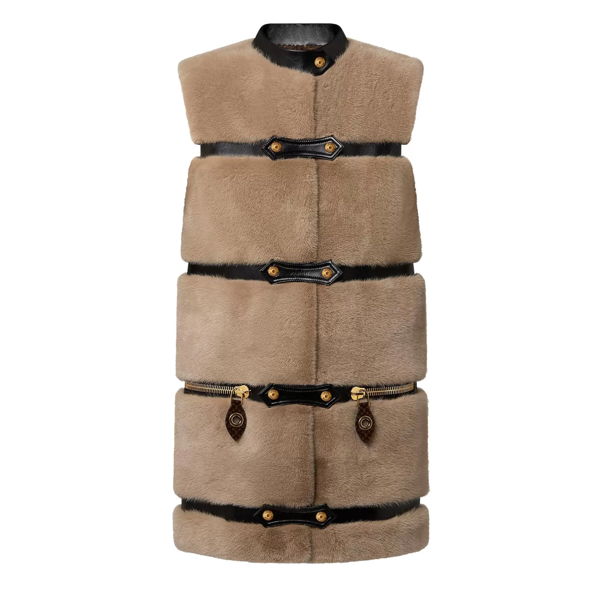 Sale Louis Vuitton Sleeveless Leather Strip Mink Coat Beige