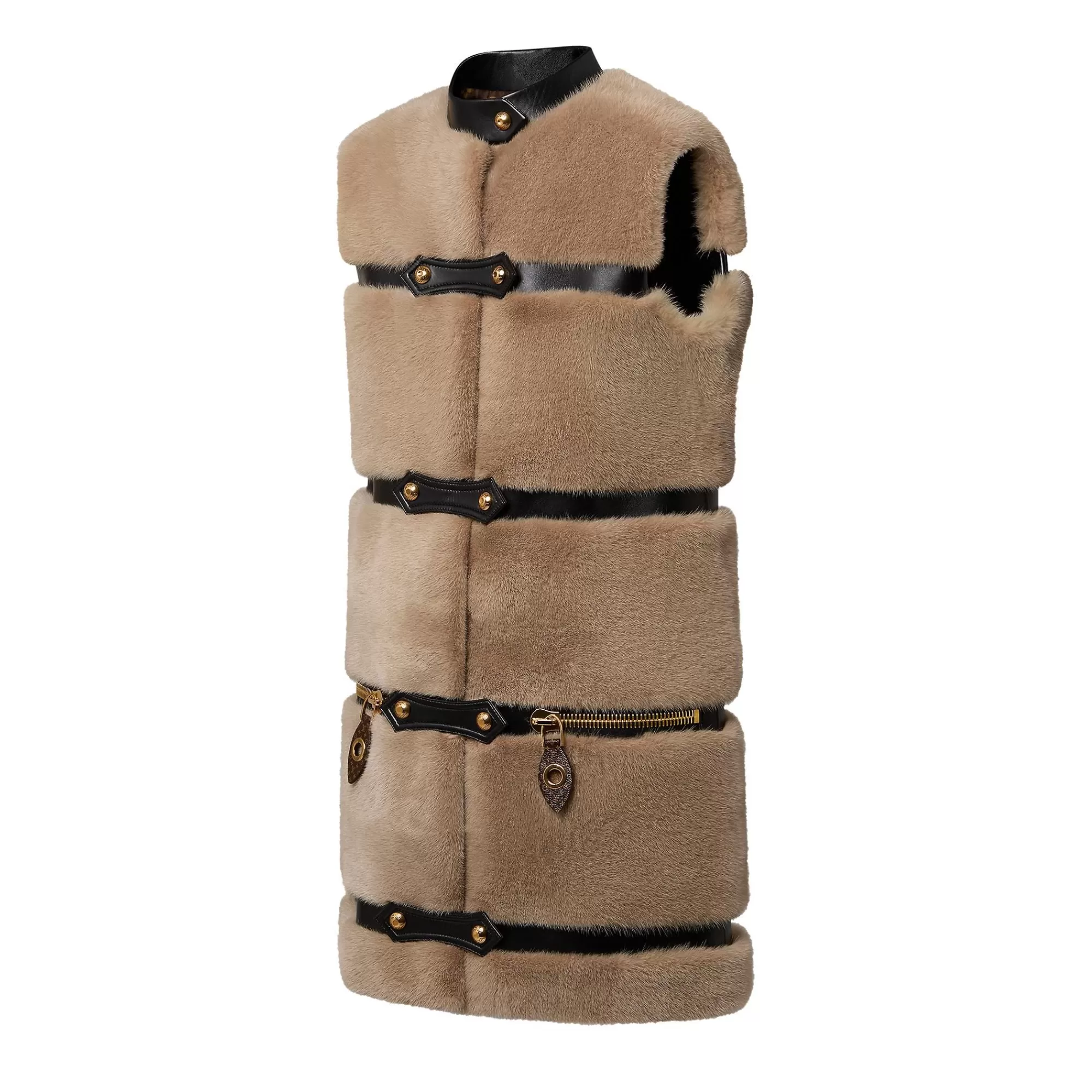 Sale Louis Vuitton Sleeveless Leather Strip Mink Coat Beige