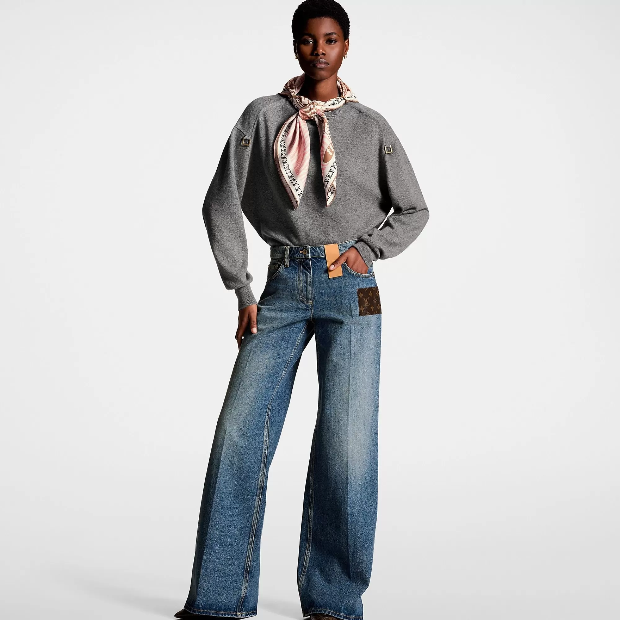 Cheap Louis Vuitton Stonewashed Monogram Patch Boot-Cut Jeans