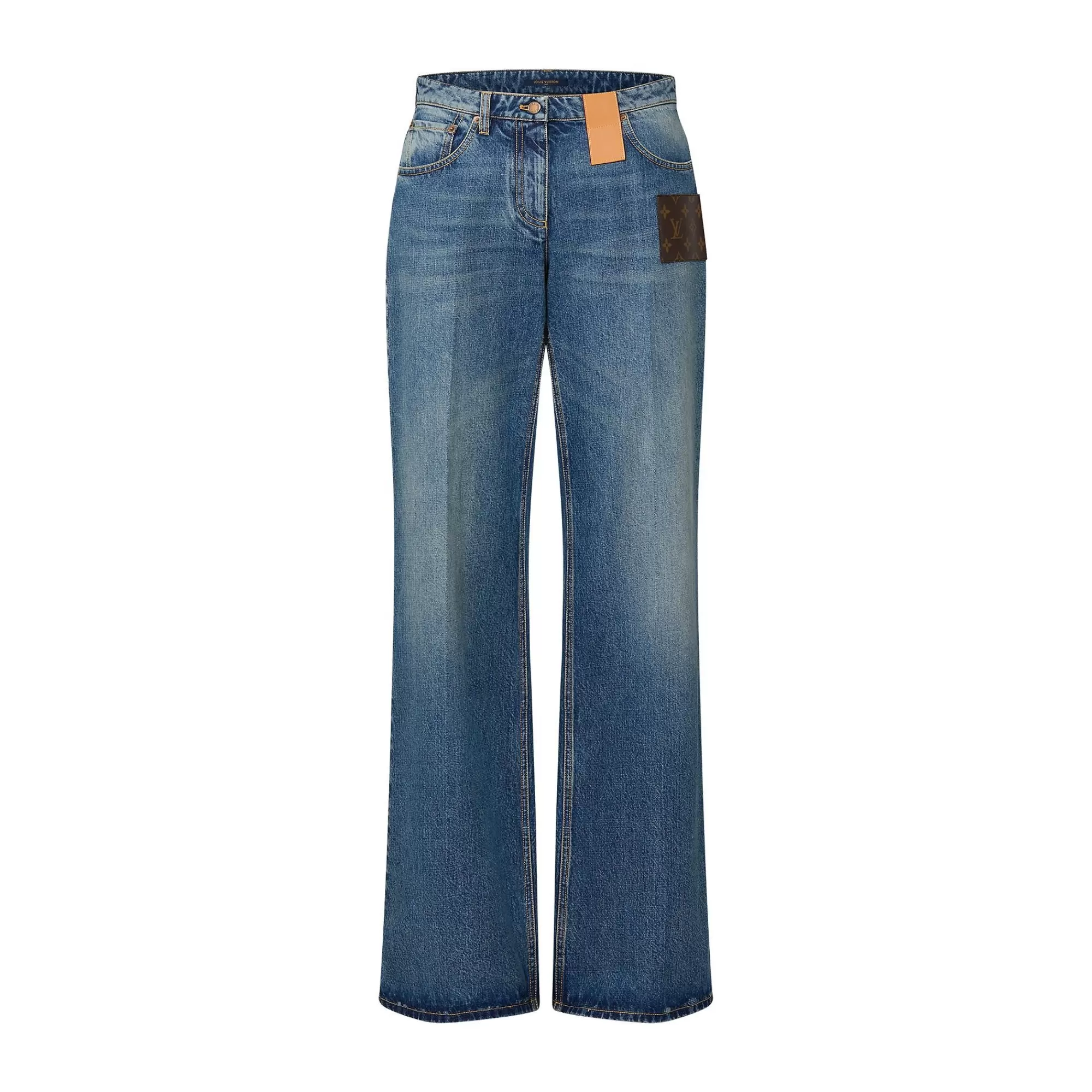 Cheap Louis Vuitton Stonewashed Monogram Patch Boot-Cut Jeans