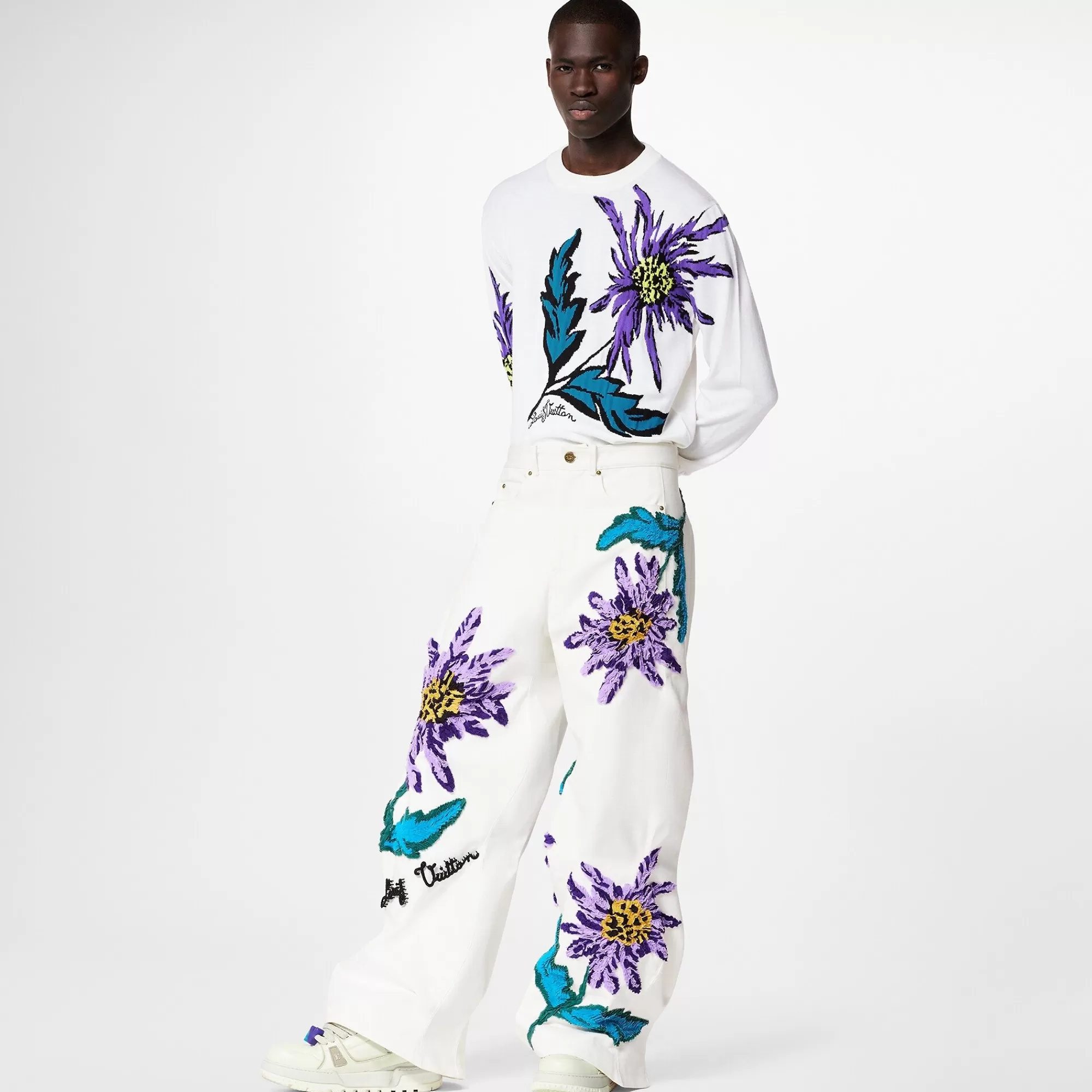 Best Louis Vuitton Thistle-Embroidered Wavy Denim Pants
