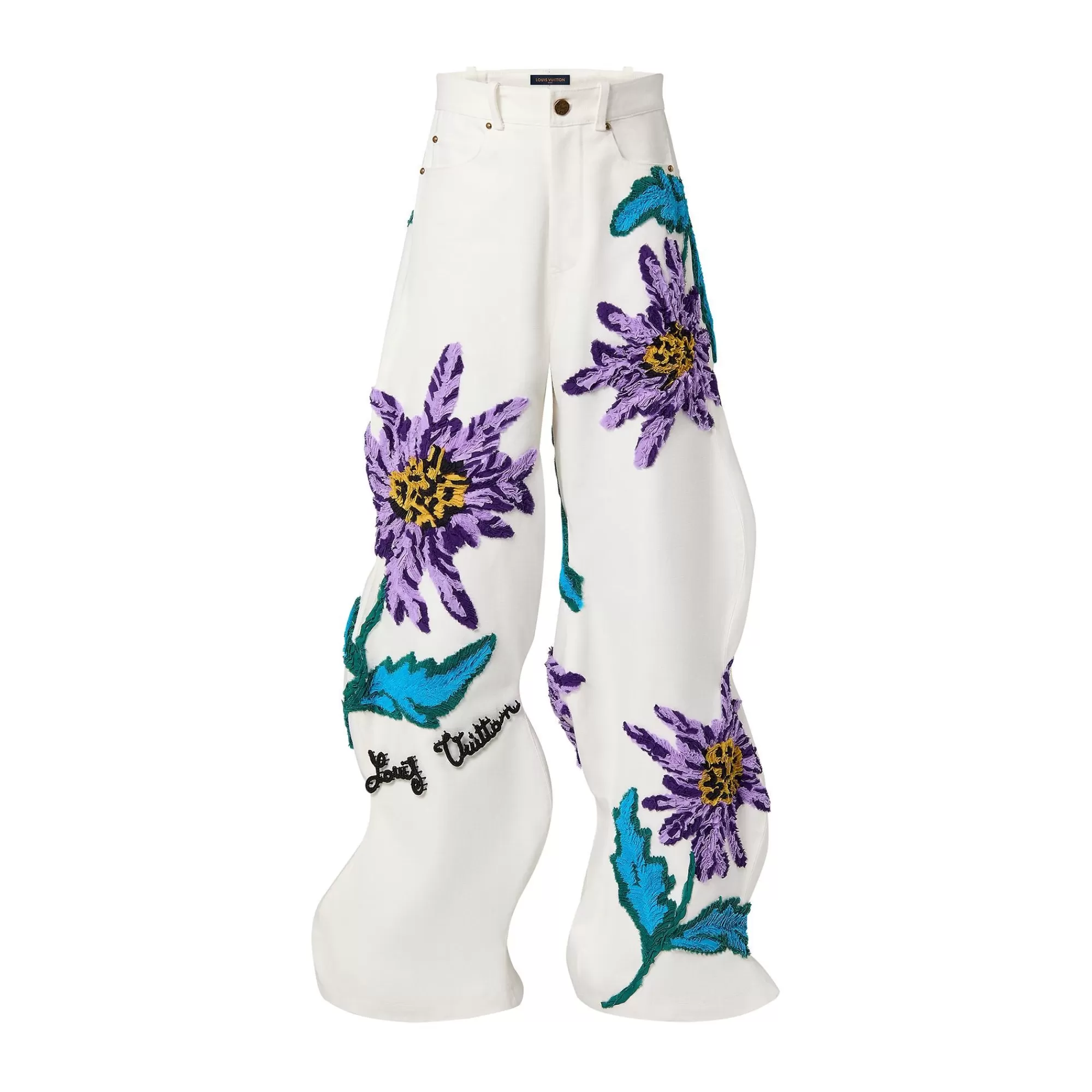 Best Louis Vuitton Thistle-Embroidered Wavy Denim Pants