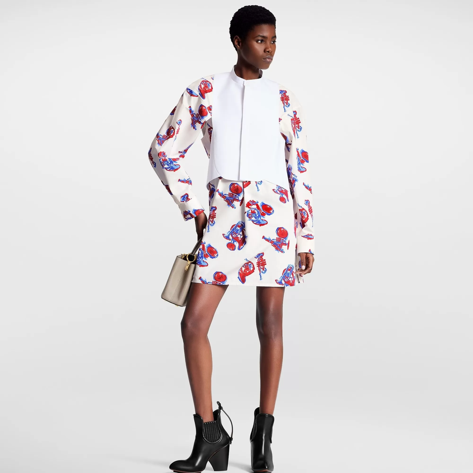 New Louis Vuitton Trumpet Print Bib Shirt Dress
